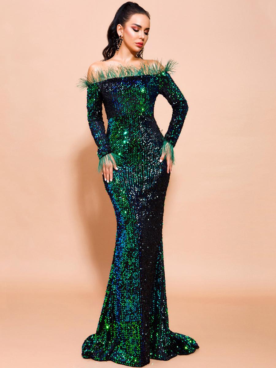 Off Shoulder Feather Sequin Evening Dress FT19005 Off Shoulder Feather Sequin Evening Dress FT19005