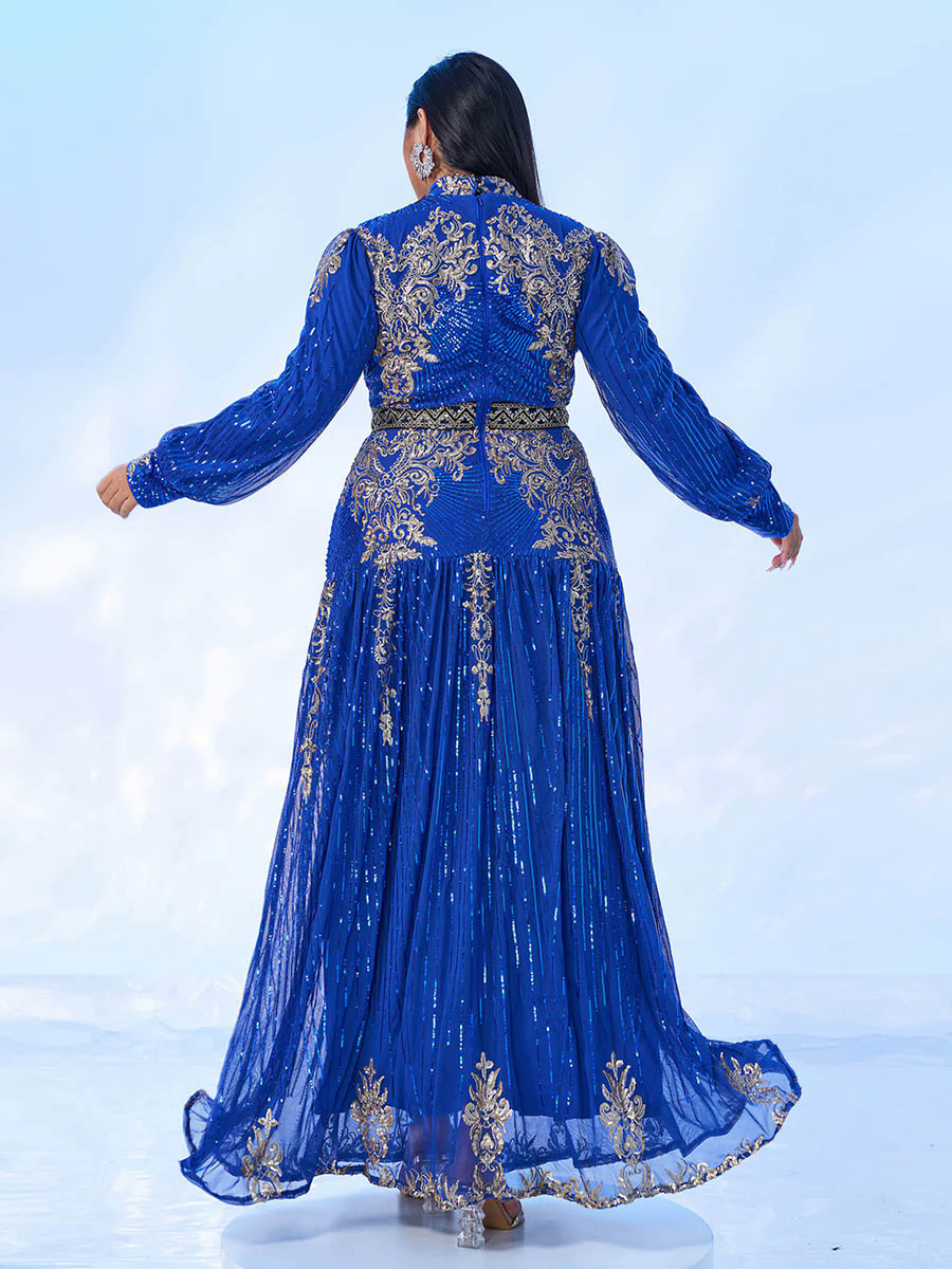 Plus Stand Collar Sequin A-line Dress PMES00341 Plus Stand Collar Sequin A-line Dress PMES00341