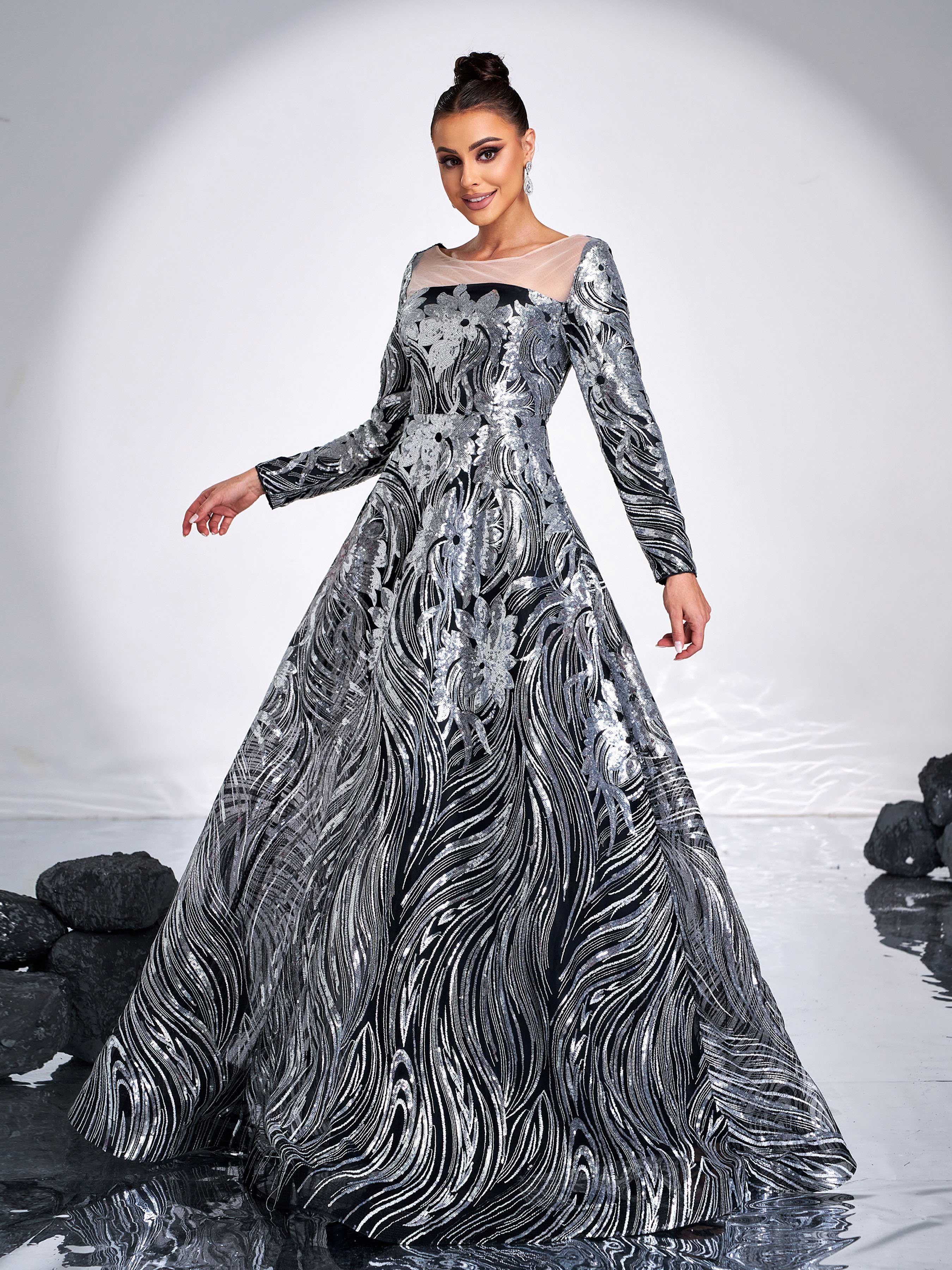 Black Panel A-line Sequin Evening Dress GM00588 Black Panel A-line Sequin Evening Dress GM00588
