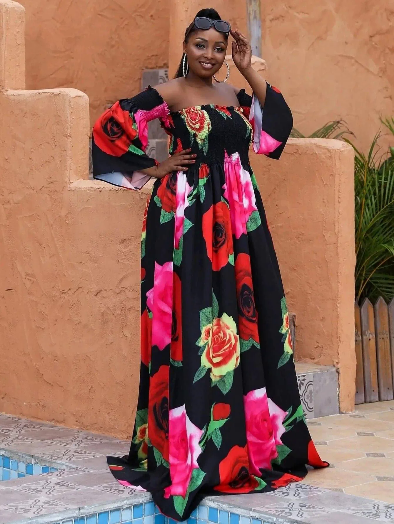 Missord Plus Floral Print Shirred Bardot Dress P0121 Missord Plus Floral Print Shirred Bardot Dress P0121