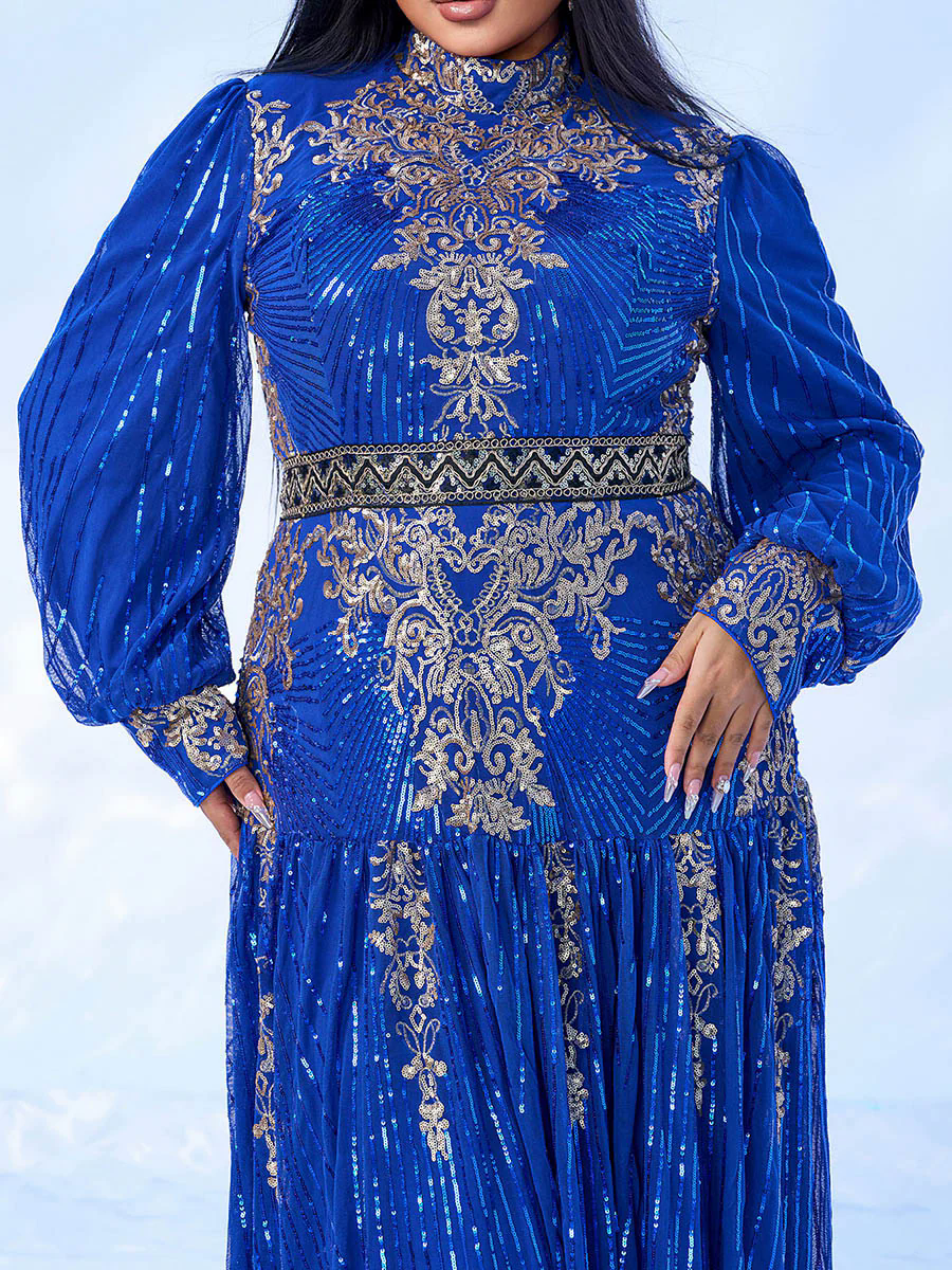 Plus Stand Collar Sequin A-line Dress PMES00341 Plus Stand Collar Sequin A-line Dress PMES00341