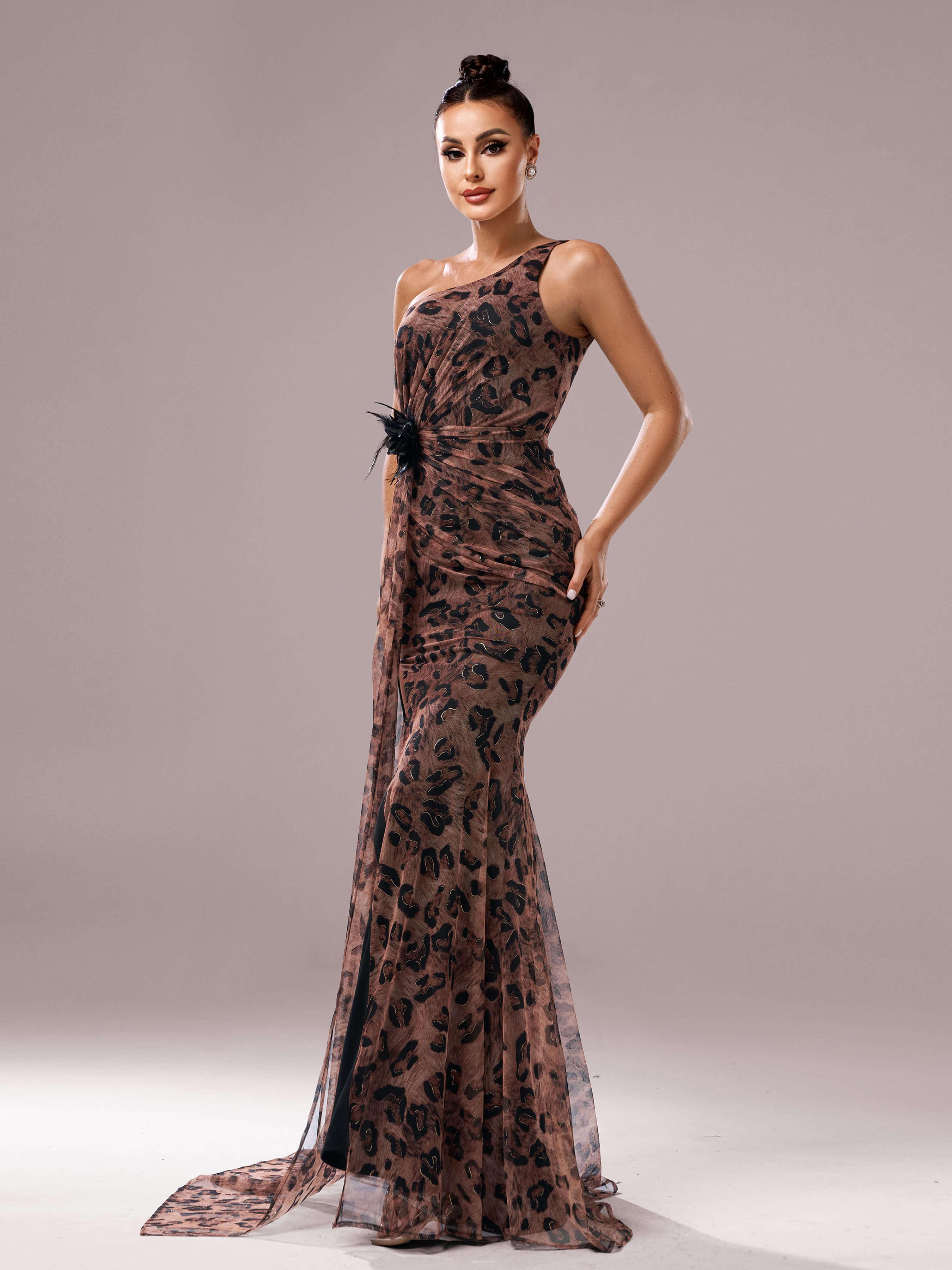 Leopard Print One Shoulder Mesh Prom Dress DH80317 Leopard Print One Shoulder Mesh Prom Dress DH80317