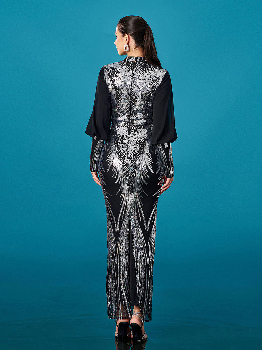 Silver Graphic Sequin Ballon Sleeve Prom Dress M00718 Silver Graphic Sequin Ballon Sleeve Prom Dress M00718