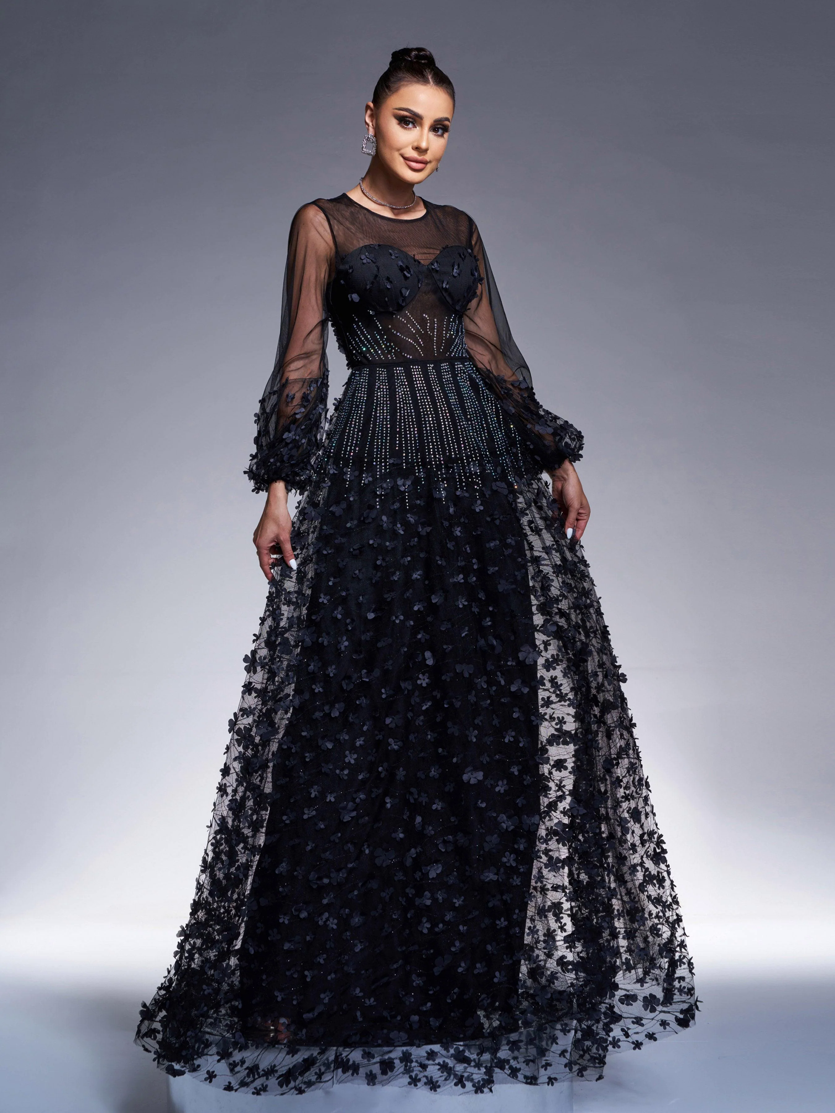 Appliqued Long Sleeve A-line Evening Dress RJ11934 Appliqued Long Sleeve A-line Evening Dress RJ11934