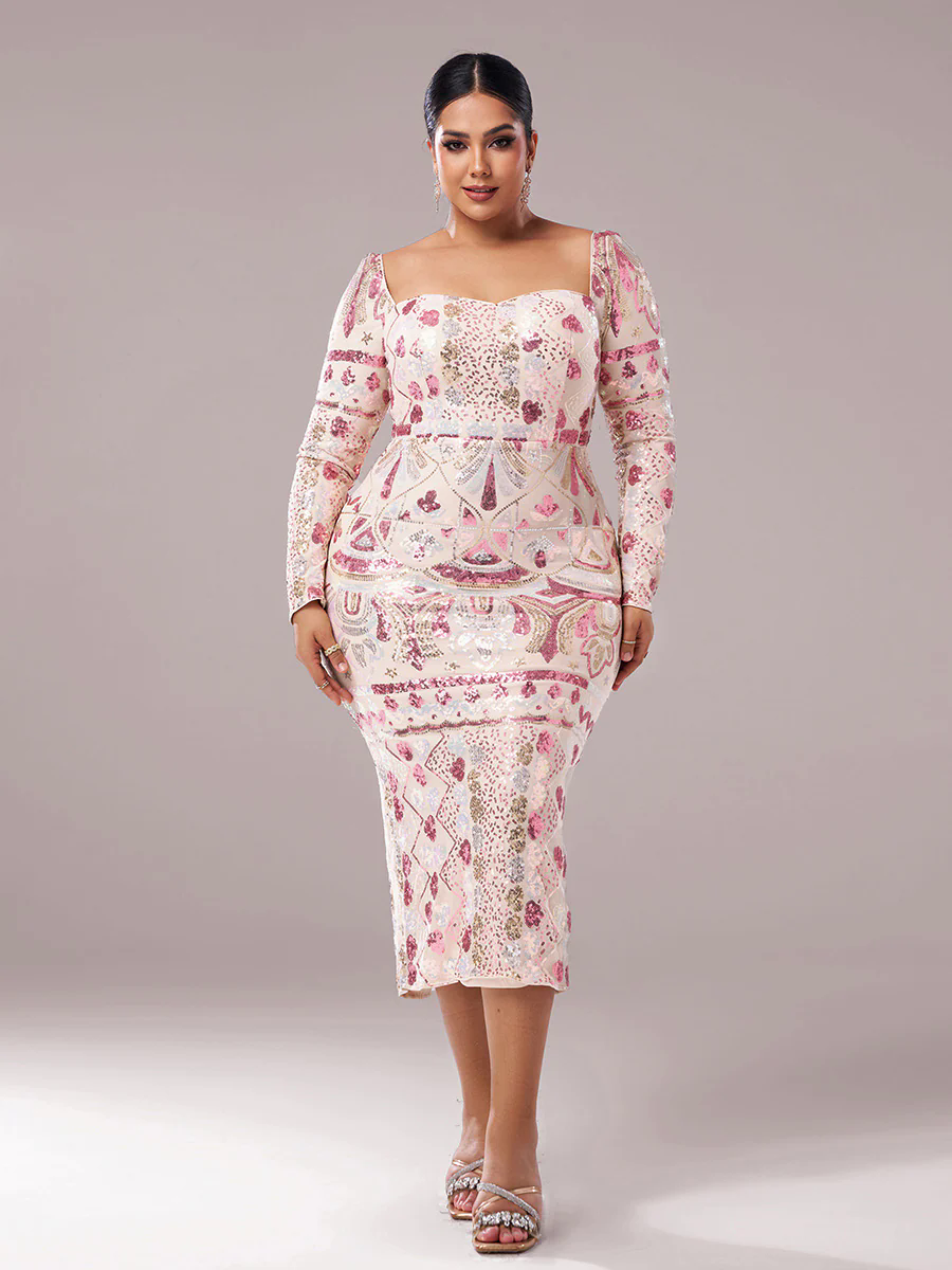 Plus Square Neck Sequin Split Midi Dress PRM20830 Plus Square Neck Sequin Split Midi Dress PRM20830