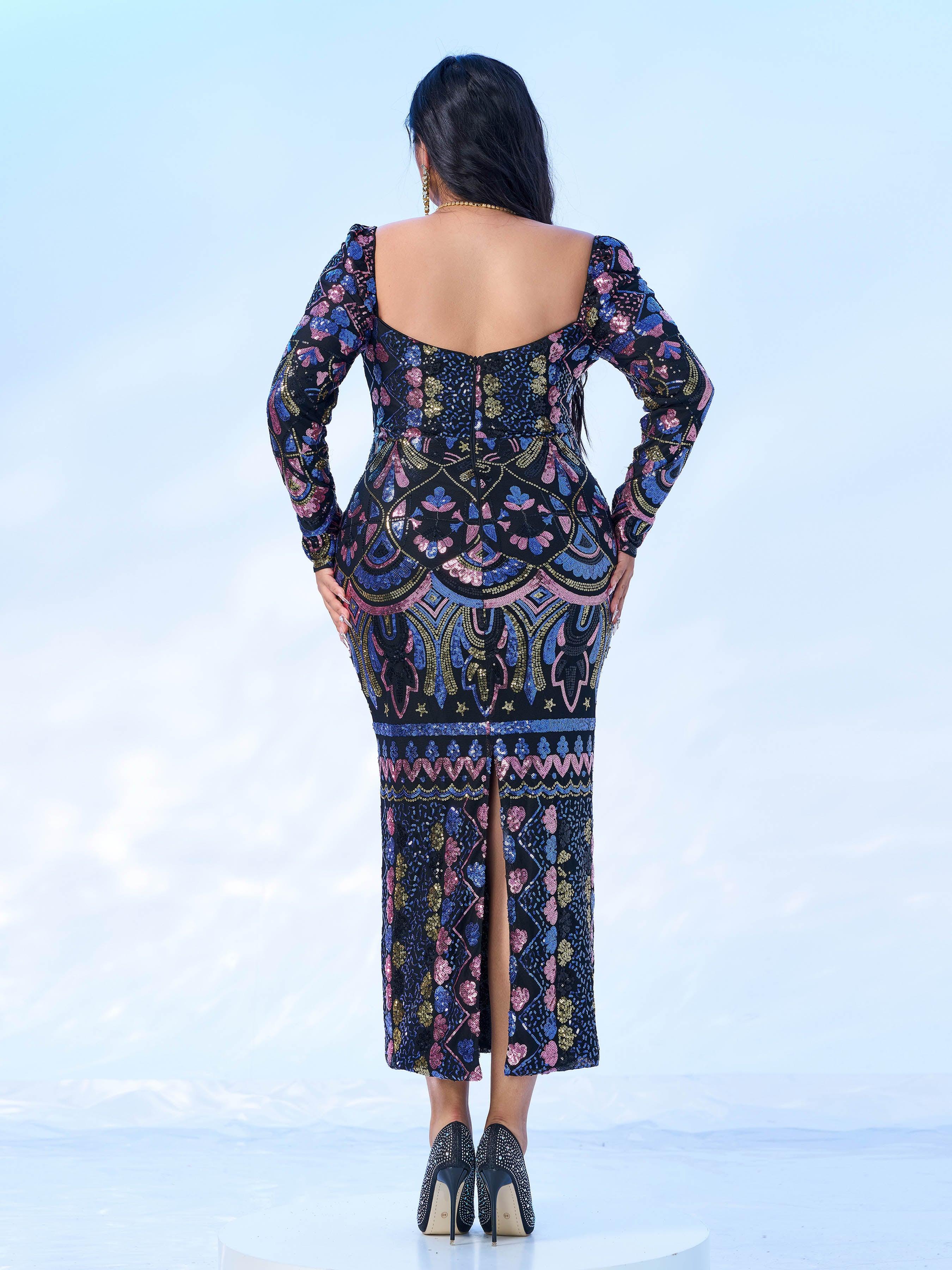 Plus Square Neck Sequin Split Midi Dress PRM20830 Plus Square Neck Sequin Split Midi Dress PRM20830