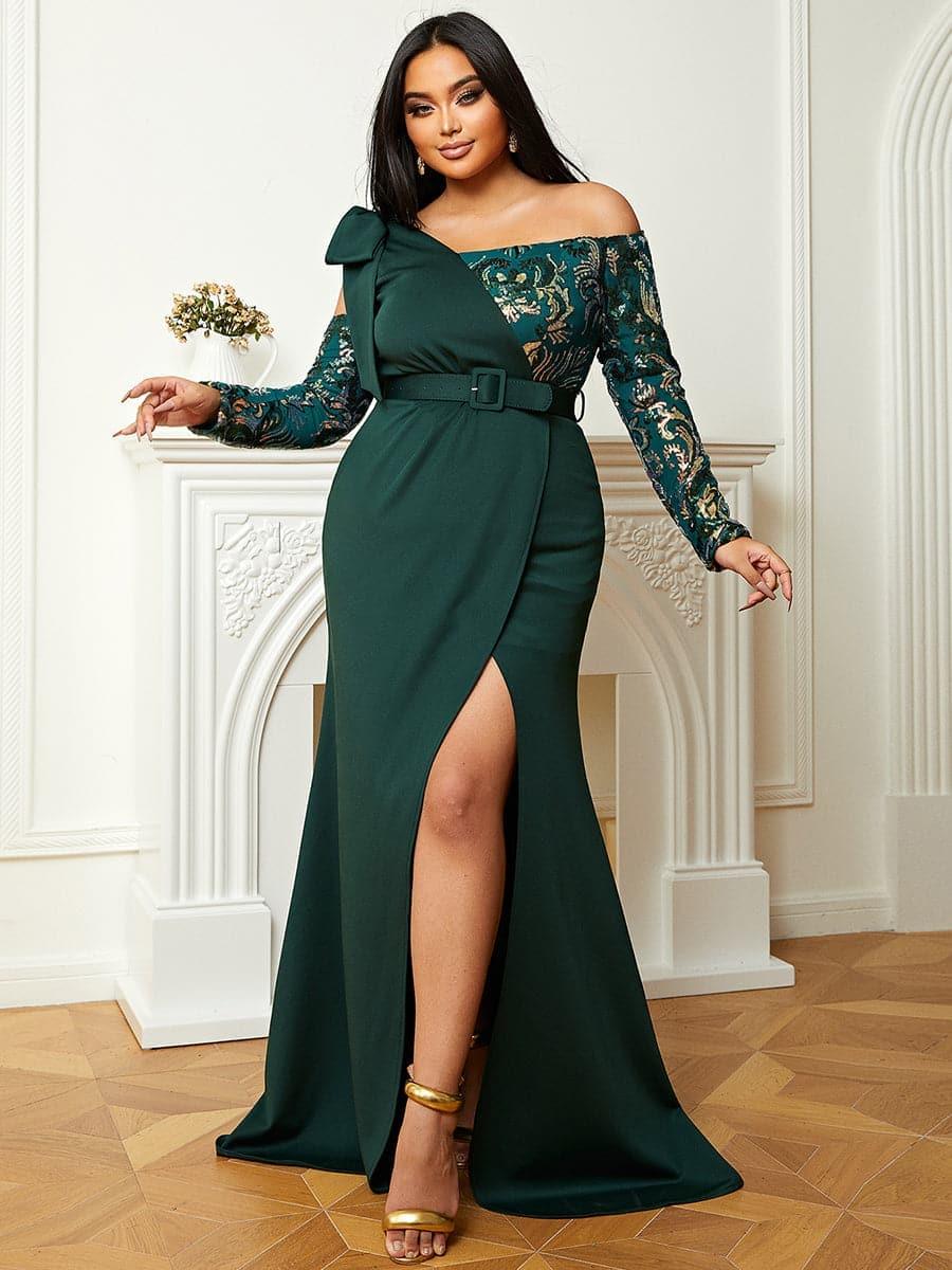 Plus Off Shoulder Emerald Green Gown PJM019L Plus Off Shoulder Emerald Green Gown PJM019L