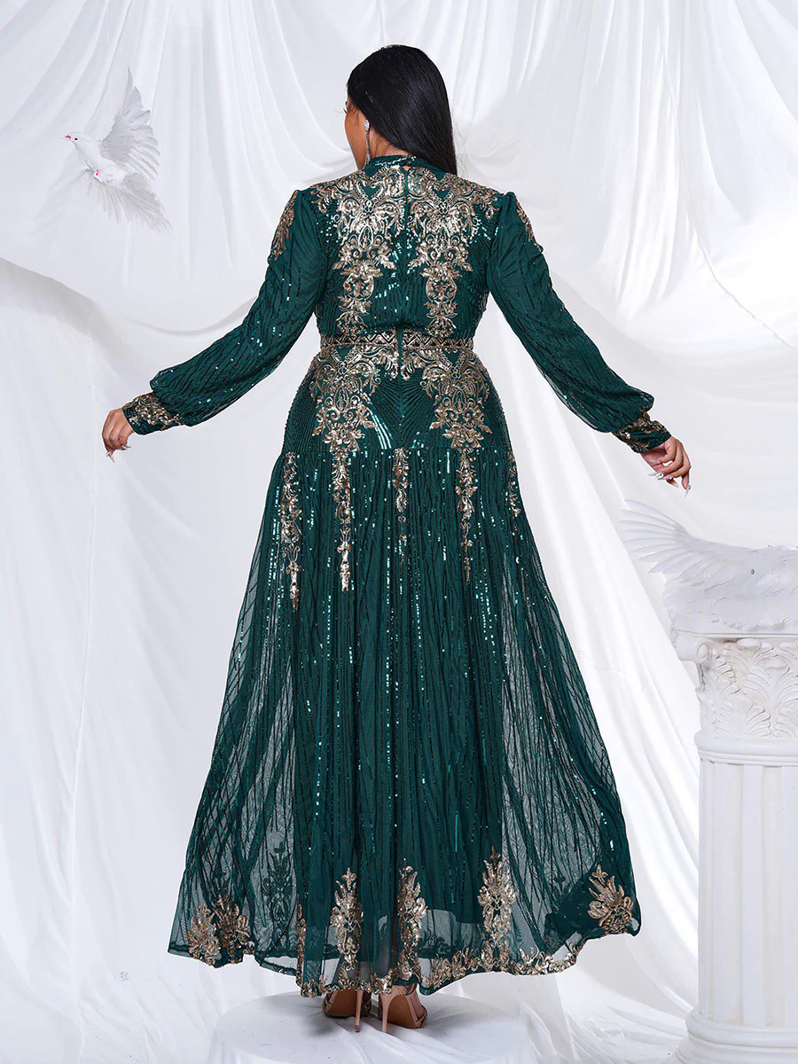 Plus Stand Collar Sequin A-line Dress PMES00341 Plus Stand Collar Sequin A-line Dress PMES00341