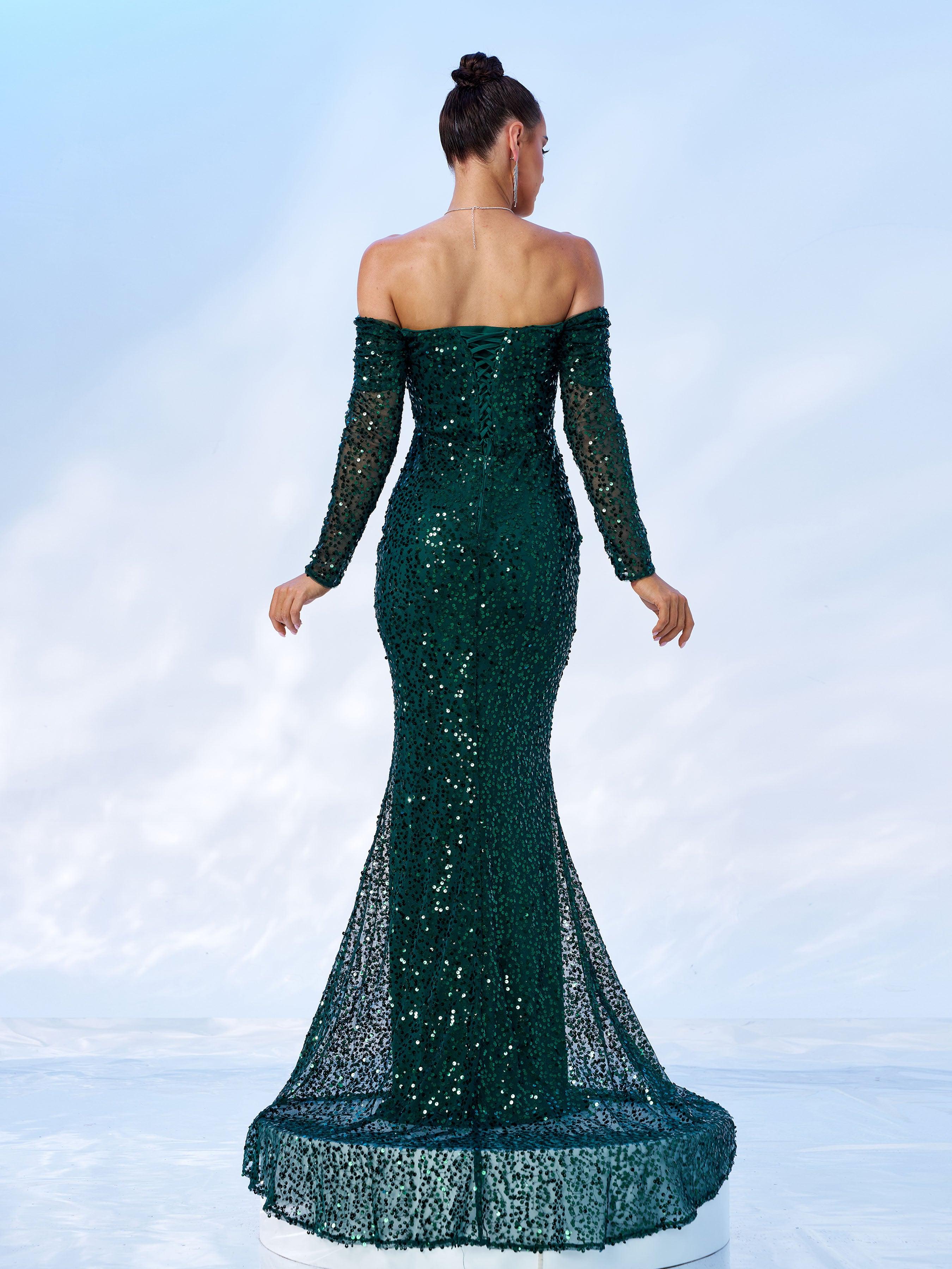 Green Off Shoulder Sequin Mermaid Evening Dress MES00643 Green Off Shoulder Sequin Mermaid Evening Dress MES00643