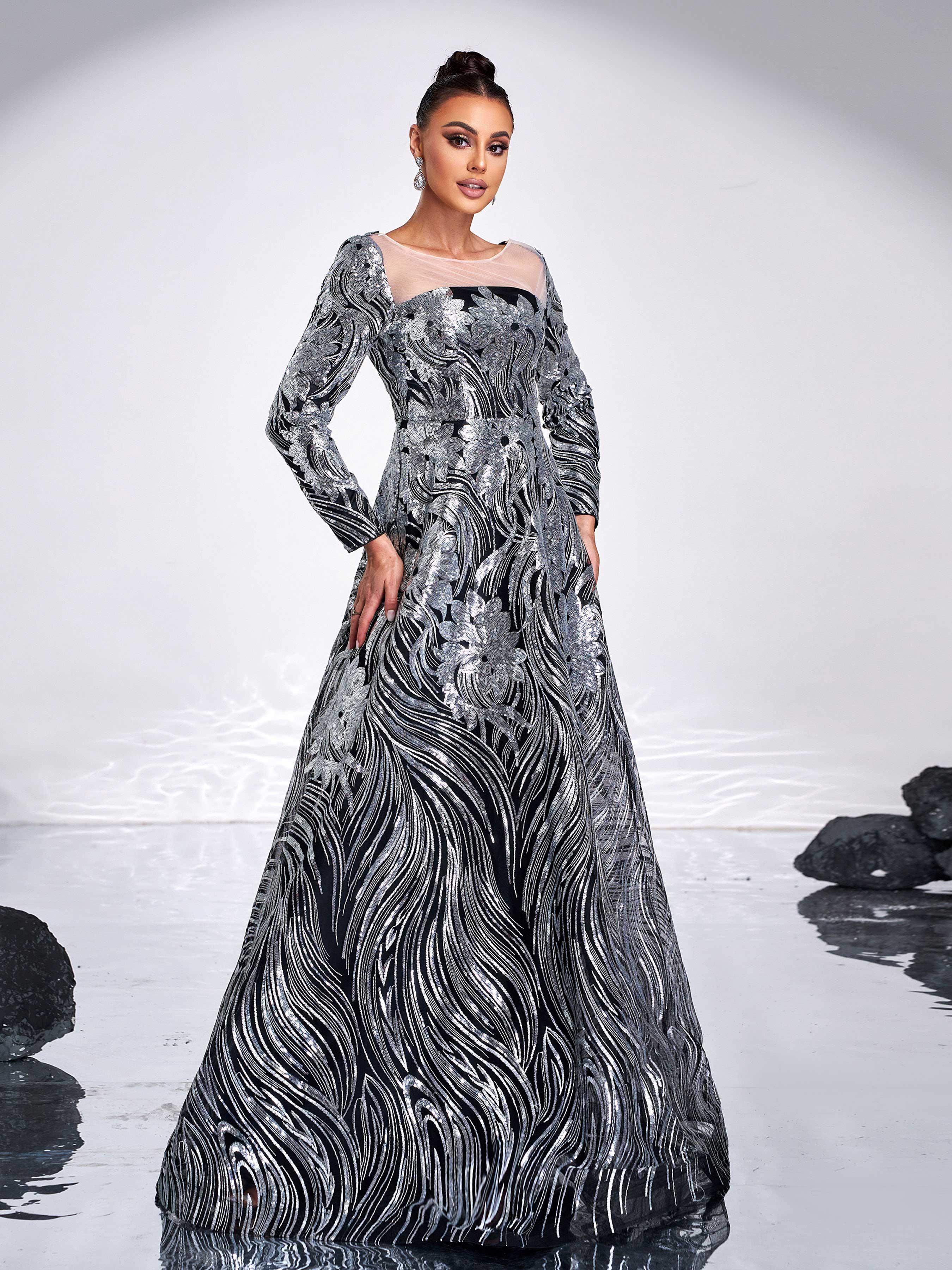 Black Panel A-line Sequin Evening Dress GM00588 Black Panel A-line Sequin Evening Dress GM00588