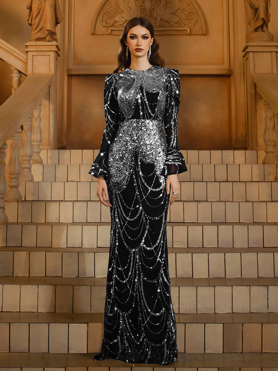 Black Sequin Ruffled Baroque Formal Dress MES72155 Black Sequin Ruffled Baroque Formal Dress MES72155