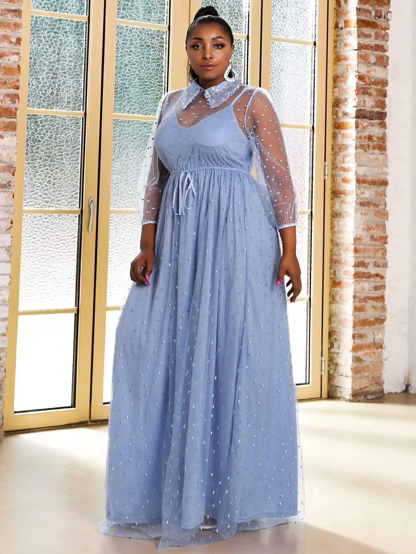 MISSORD Plus Knot Front Maxi Embroidery Mesh Prom Dress P0154 MISSORD Plus Knot Front Maxi Embroidery Mesh Prom Dress P0154