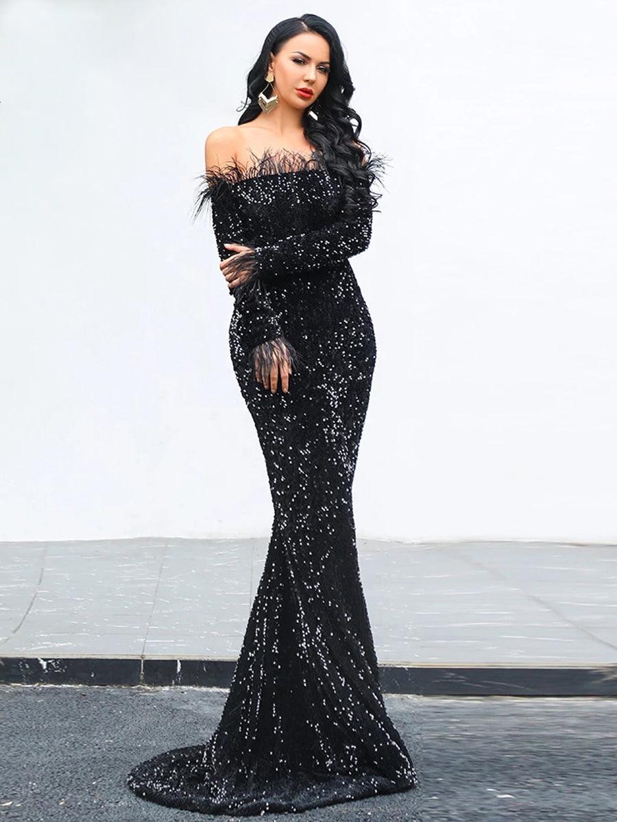 Off Shoulder Feather Sequin Evening Dress FT19005 Off Shoulder Feather Sequin Evening Dress FT19005