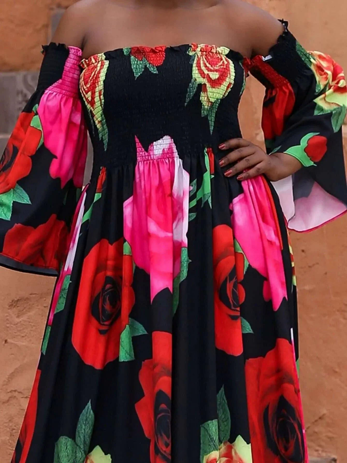 Missord Plus Floral Print Shirred Bardot Dress P0121 Missord Plus Floral Print Shirred Bardot Dress P0121