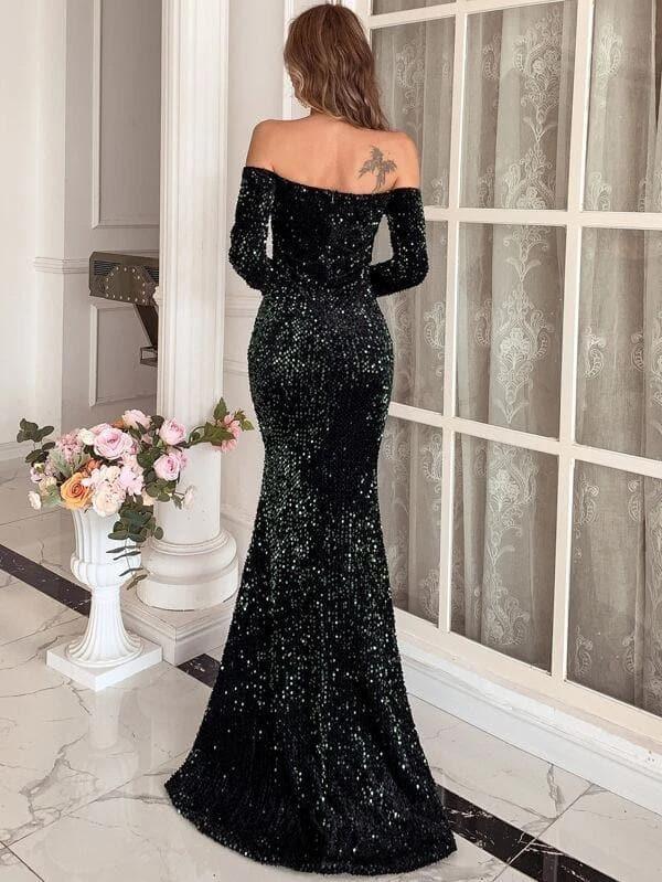 Off Shoulder Mesh Insert Split Sequin Prom Dress M0806 Off Shoulder Mesh Insert Split Sequin Prom Dress M0806