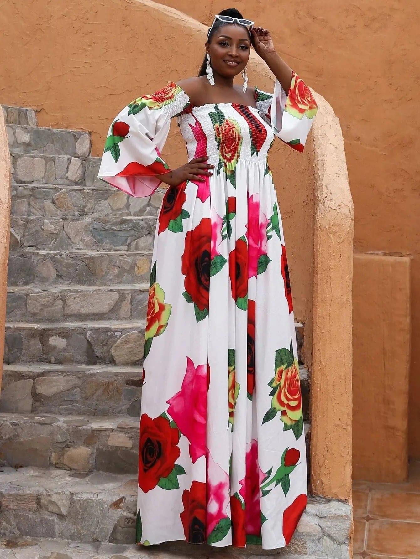Missord Plus Floral Print Shirred Bardot Dress P0121 Missord Plus Floral Print Shirred Bardot Dress P0121