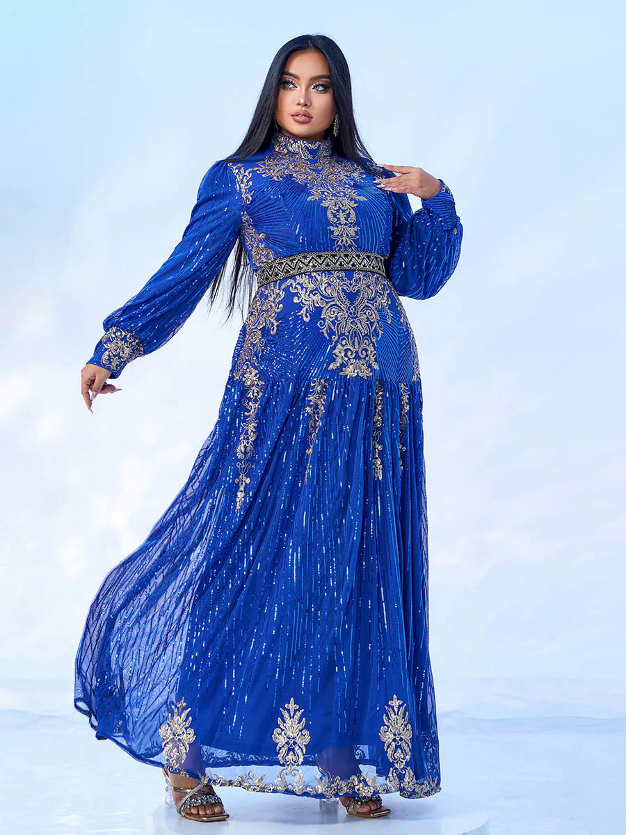Plus Stand Collar Sequin A-line Dress PMES00341 Plus Stand Collar Sequin A-line Dress PMES00341