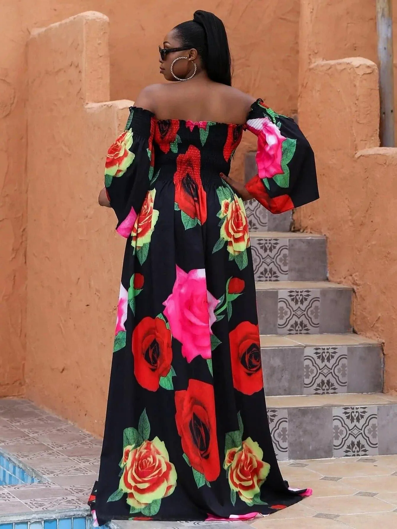 Missord Plus Floral Print Shirred Bardot Dress P0121 Missord Plus Floral Print Shirred Bardot Dress P0121