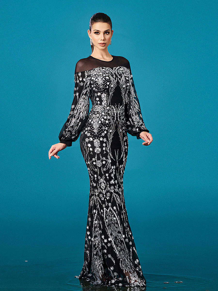Ballon Sleeve Floral Sequin Mermaid Formal Dress GM00647 Ballon Sleeve Floral Sequin Mermaid Formal Dress GM00647