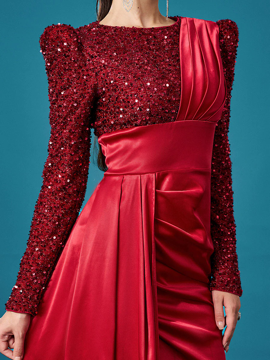 Red Panel Split Ruched Long Sleeve Prom Dress DH80422 Red Panel Split Ruched Long Sleeve Prom Dress DH80422