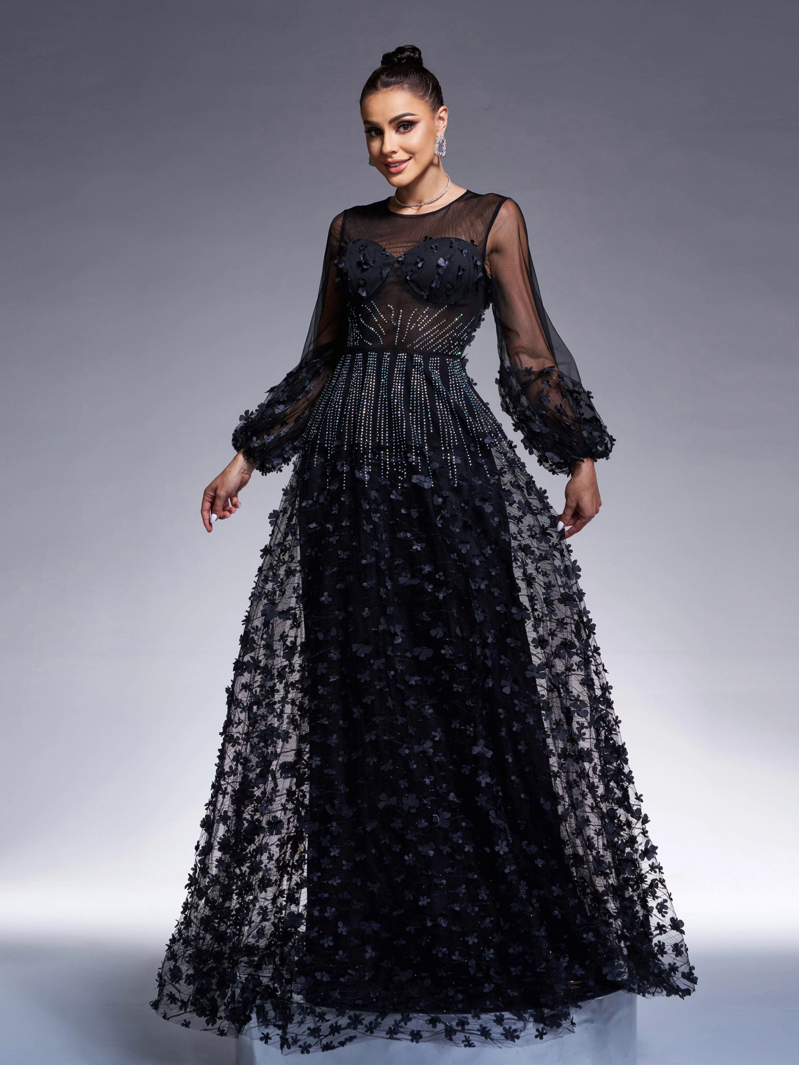 Appliqued Long Sleeve A-line Evening Dress RJ11934 Appliqued Long Sleeve A-line Evening Dress RJ11934
