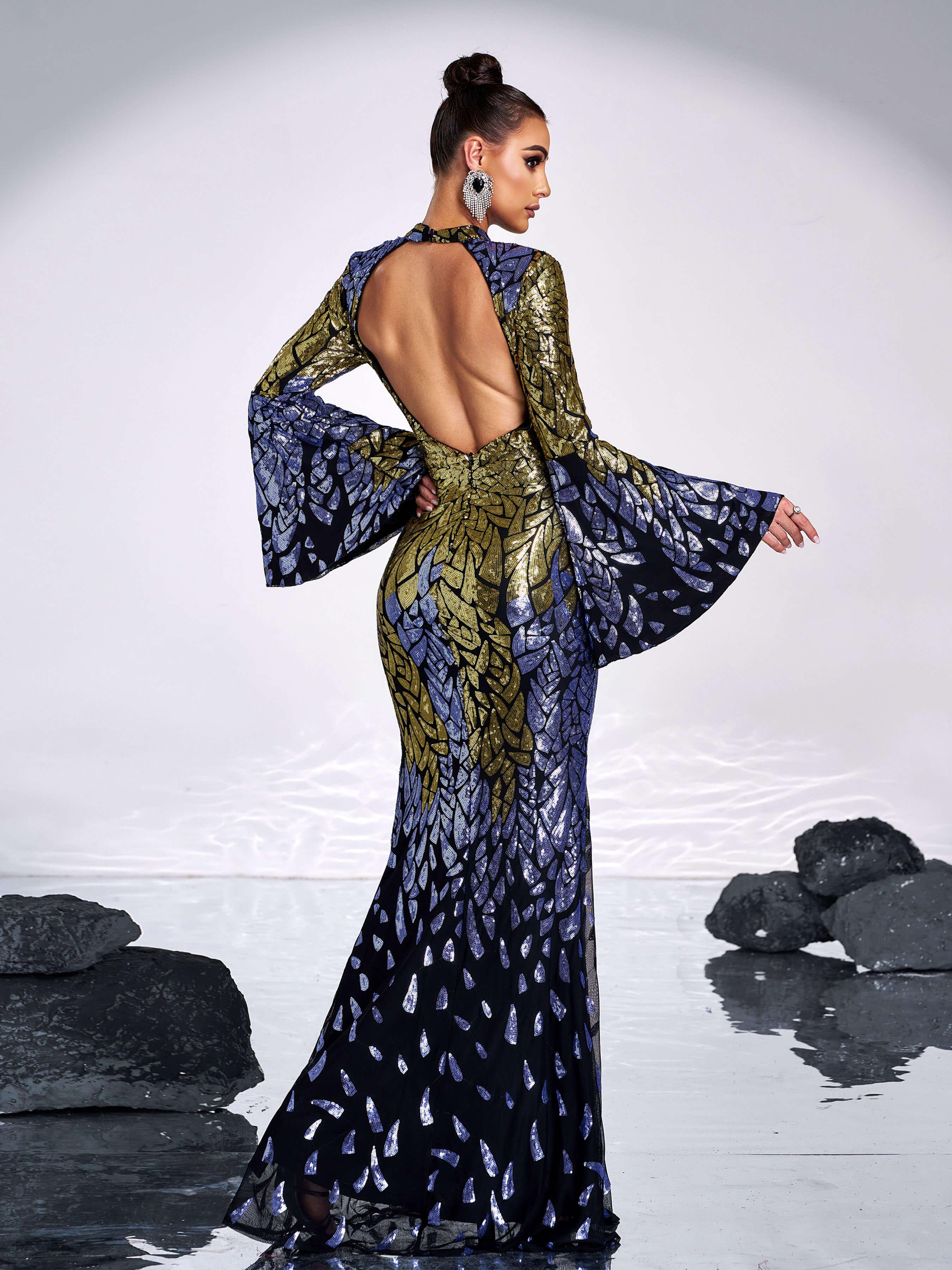 Backless Bell Sleeve Sequin Formal Dress XH2425 Backless Bell Sleeve Sequin Formal Dress XH2425