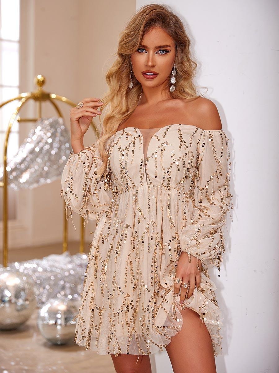 Fringed Sequin Off Shoulder A-line Mini Dress MCC1212 Fringed Sequin Off Shoulder A-line Mini Dress MCC1212