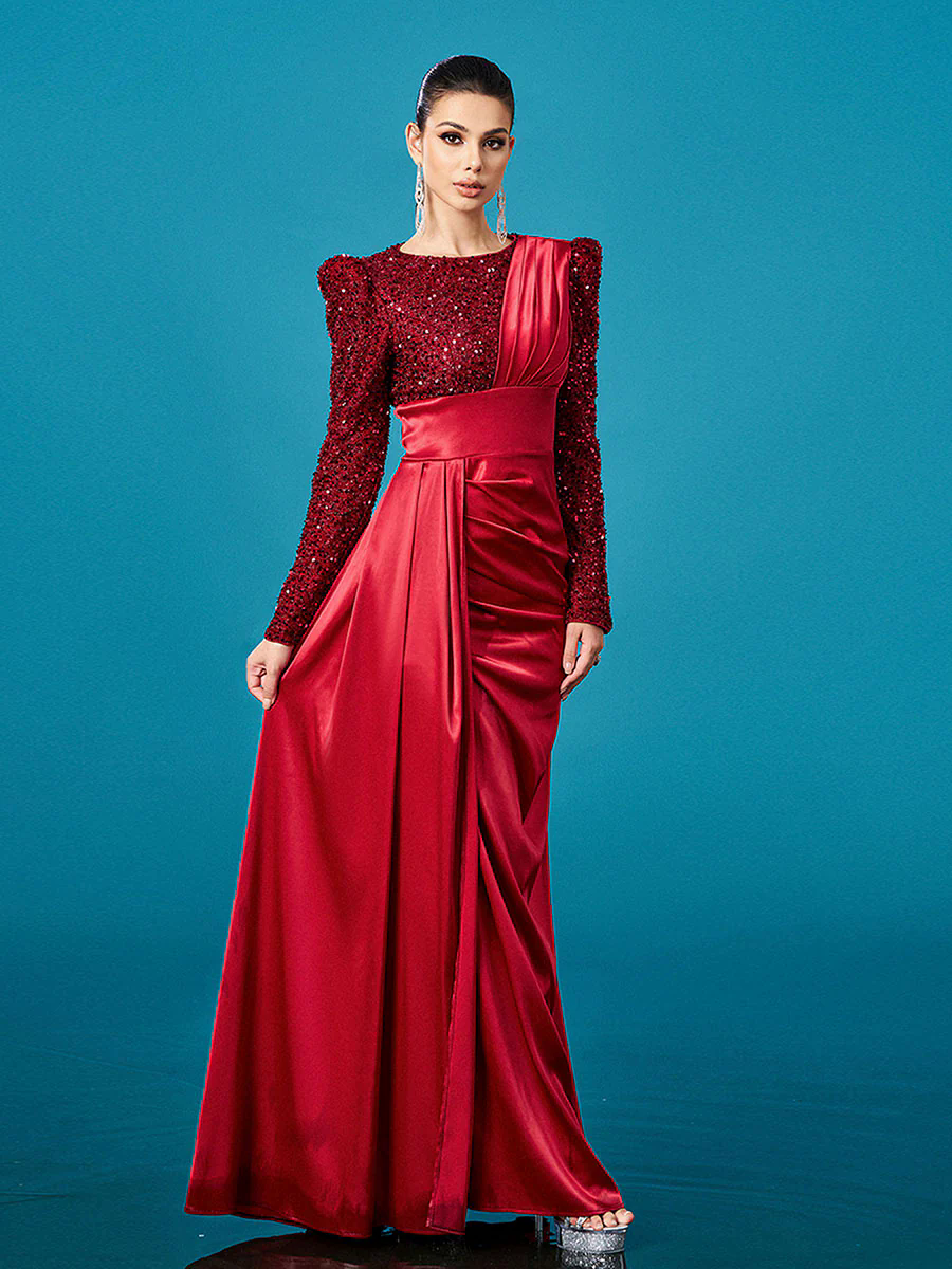 Red Panel Split Ruched Long Sleeve Prom Dress DH80422 Red Panel Split Ruched Long Sleeve Prom Dress DH80422