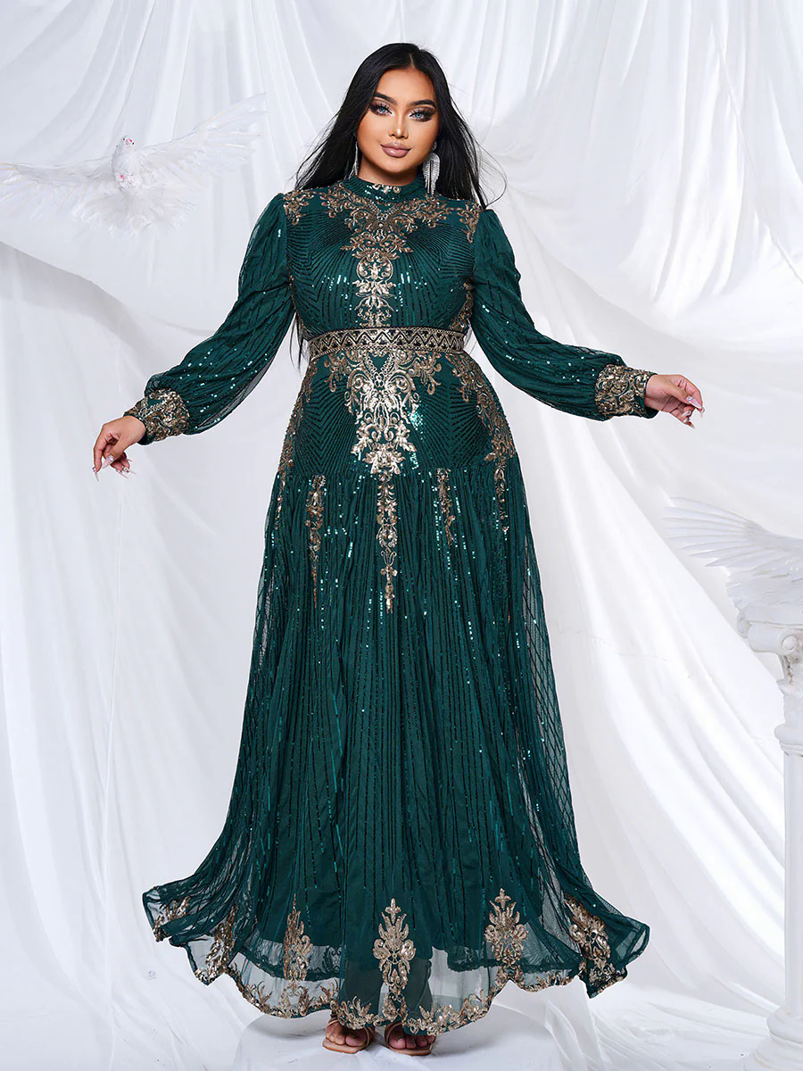 Plus Stand Collar Sequin A-line Dress PMES00341 Plus Stand Collar Sequin A-line Dress PMES00341