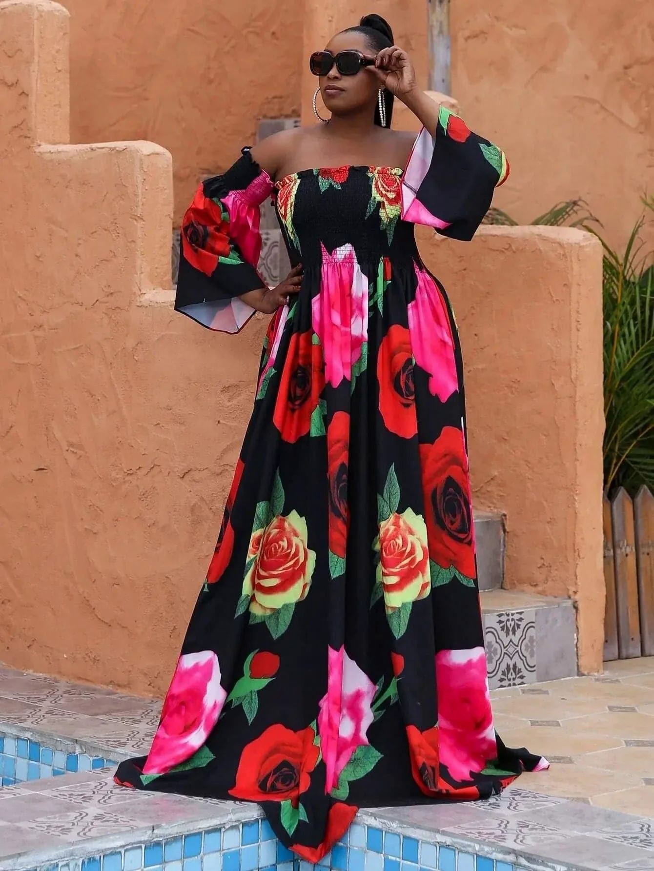 Missord Plus Floral Print Shirred Bardot Dress P0121 Missord Plus Floral Print Shirred Bardot Dress P0121