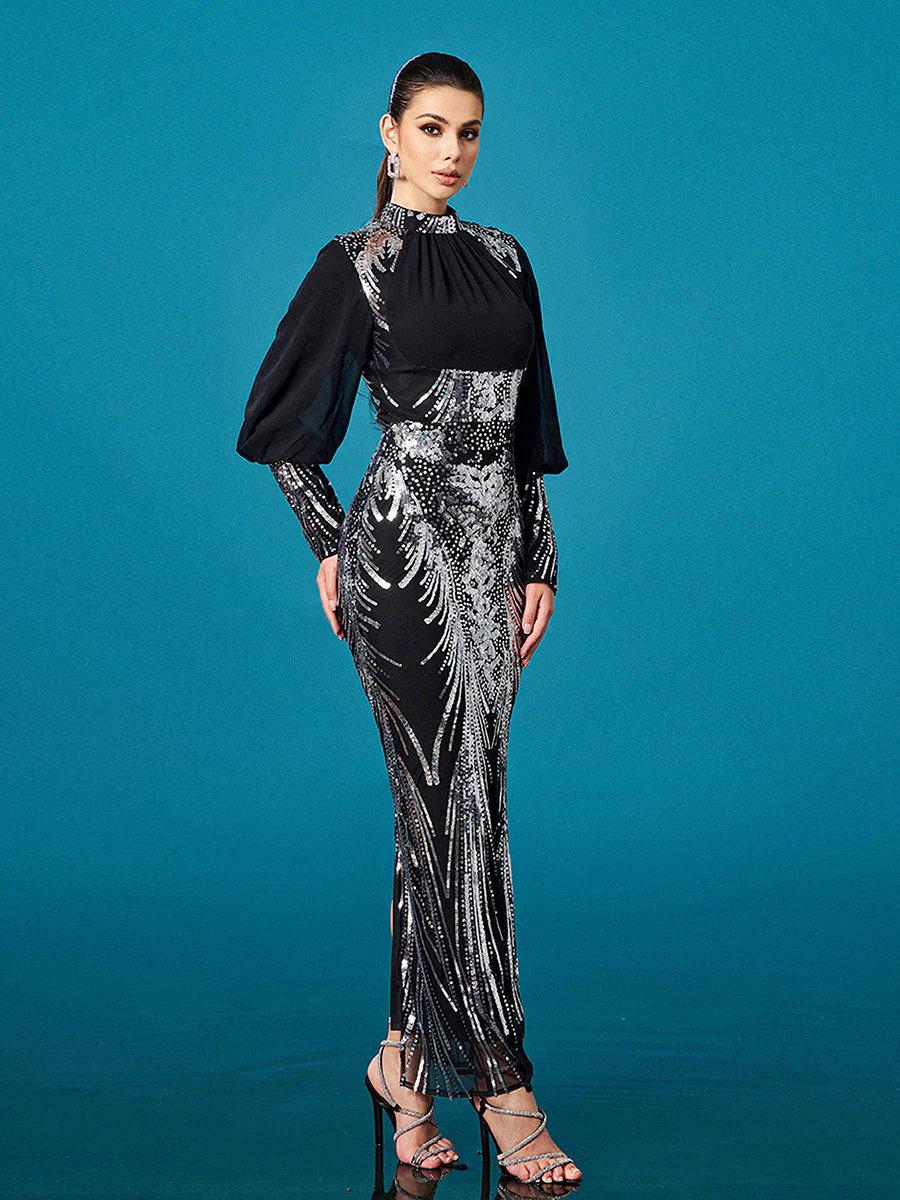 Silver Graphic Sequin Ballon Sleeve Prom Dress M00718 Silver Graphic Sequin Ballon Sleeve Prom Dress M00718