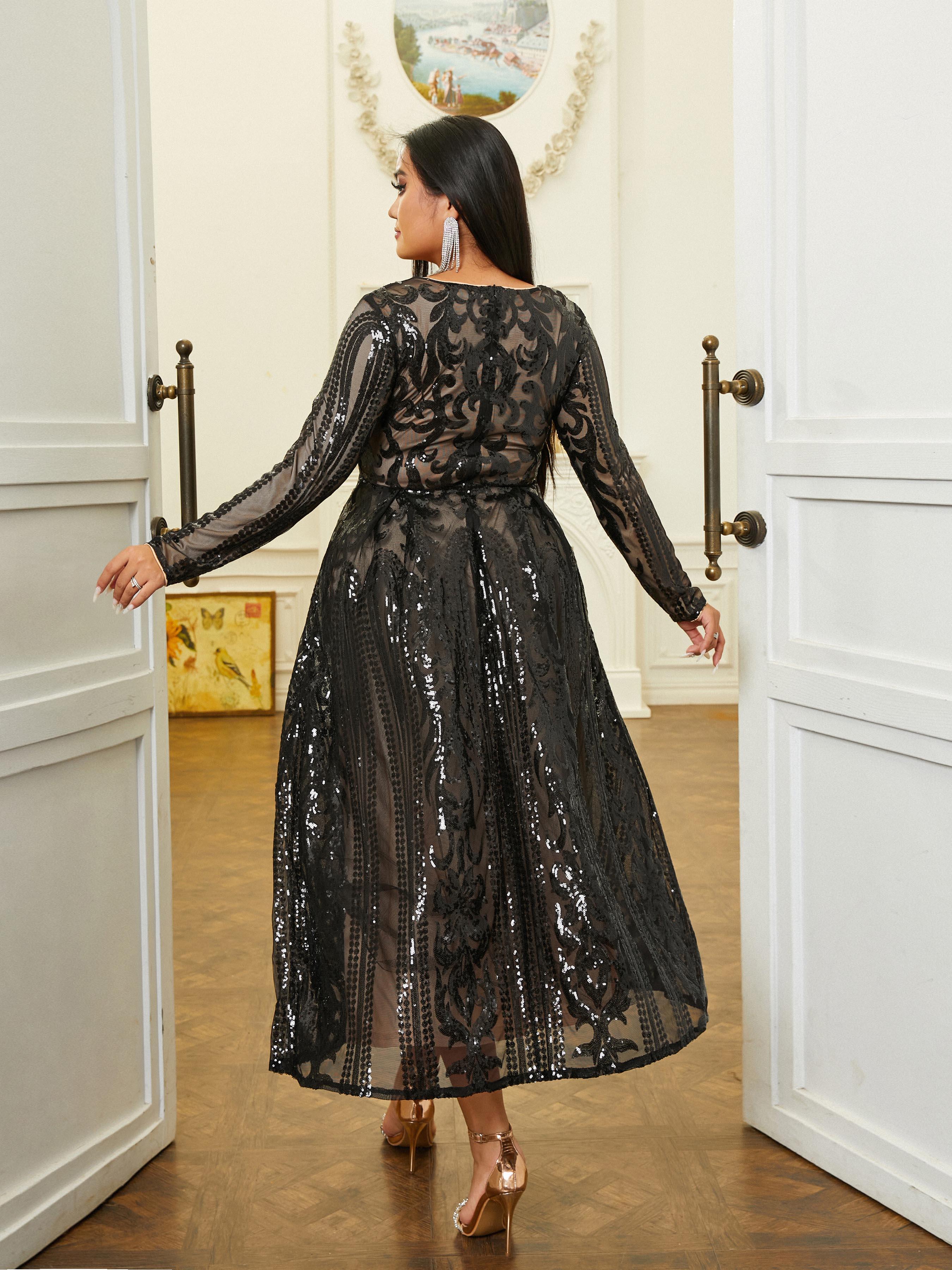 Plus V-neck Long Sleeve Sequin Dress PRJ10179 Plus V-neck Long Sleeve Sequin Dress PRJ10179