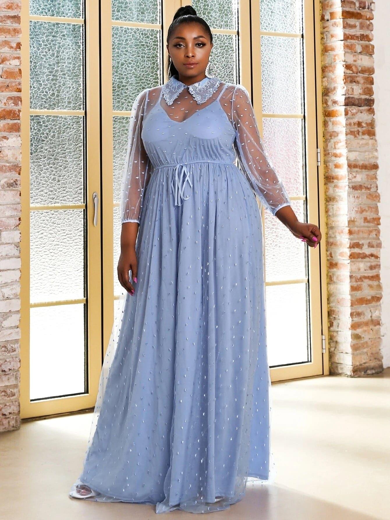 MISSORD Plus Knot Front Maxi Embroidery Mesh Prom Dress P0154 MISSORD Plus Knot Front Maxi Embroidery Mesh Prom Dress P0154
