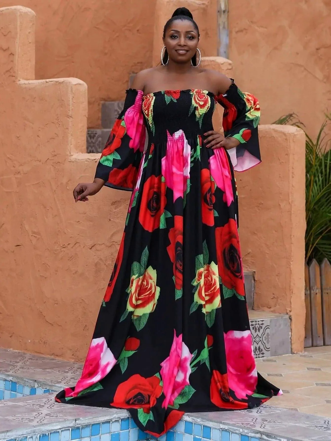 Missord Plus Floral Print Shirred Bardot Dress P0121 Missord Plus Floral Print Shirred Bardot Dress P0121