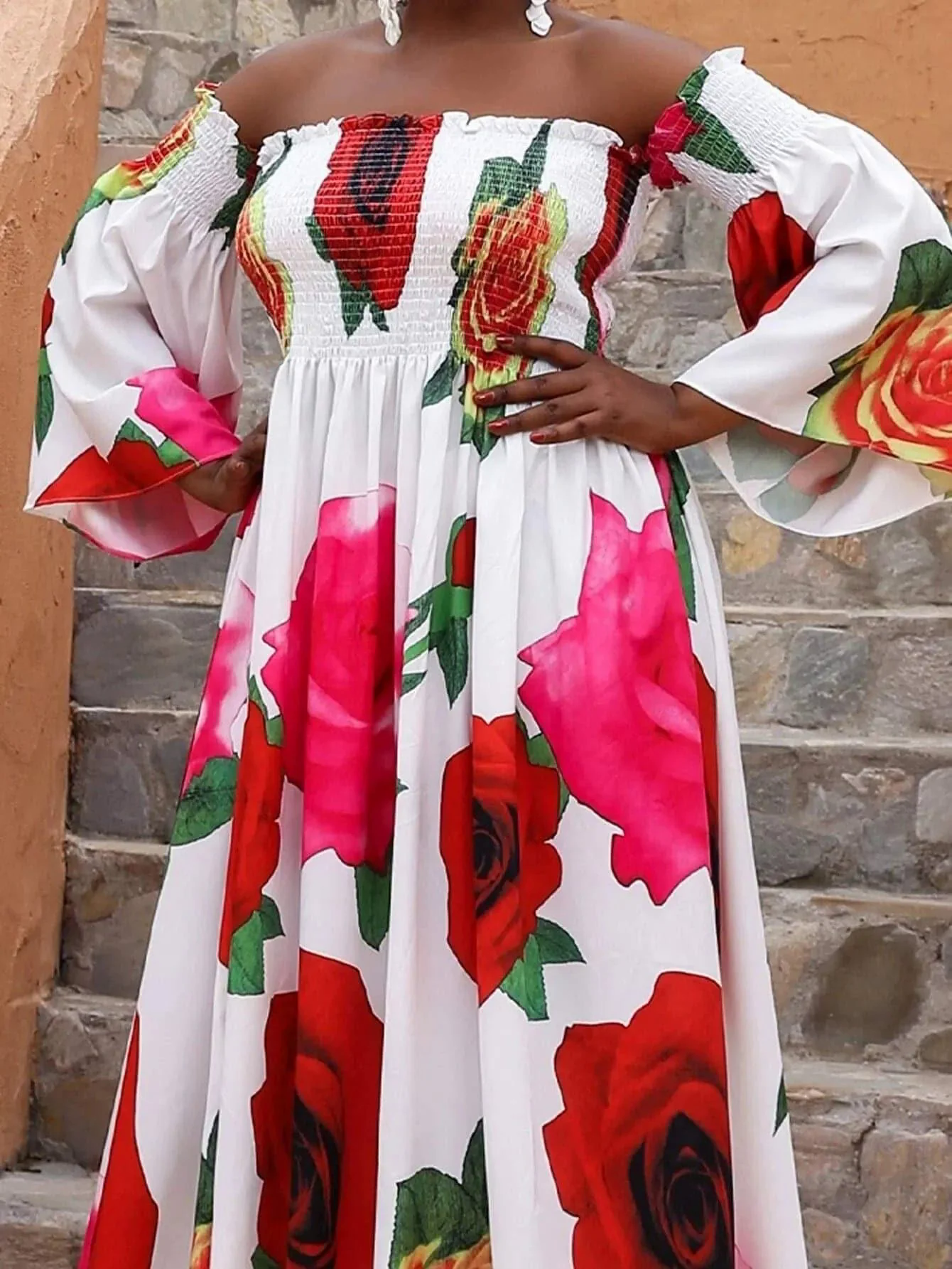 Missord Plus Floral Print Shirred Bardot Dress P0121 Missord Plus Floral Print Shirred Bardot Dress P0121