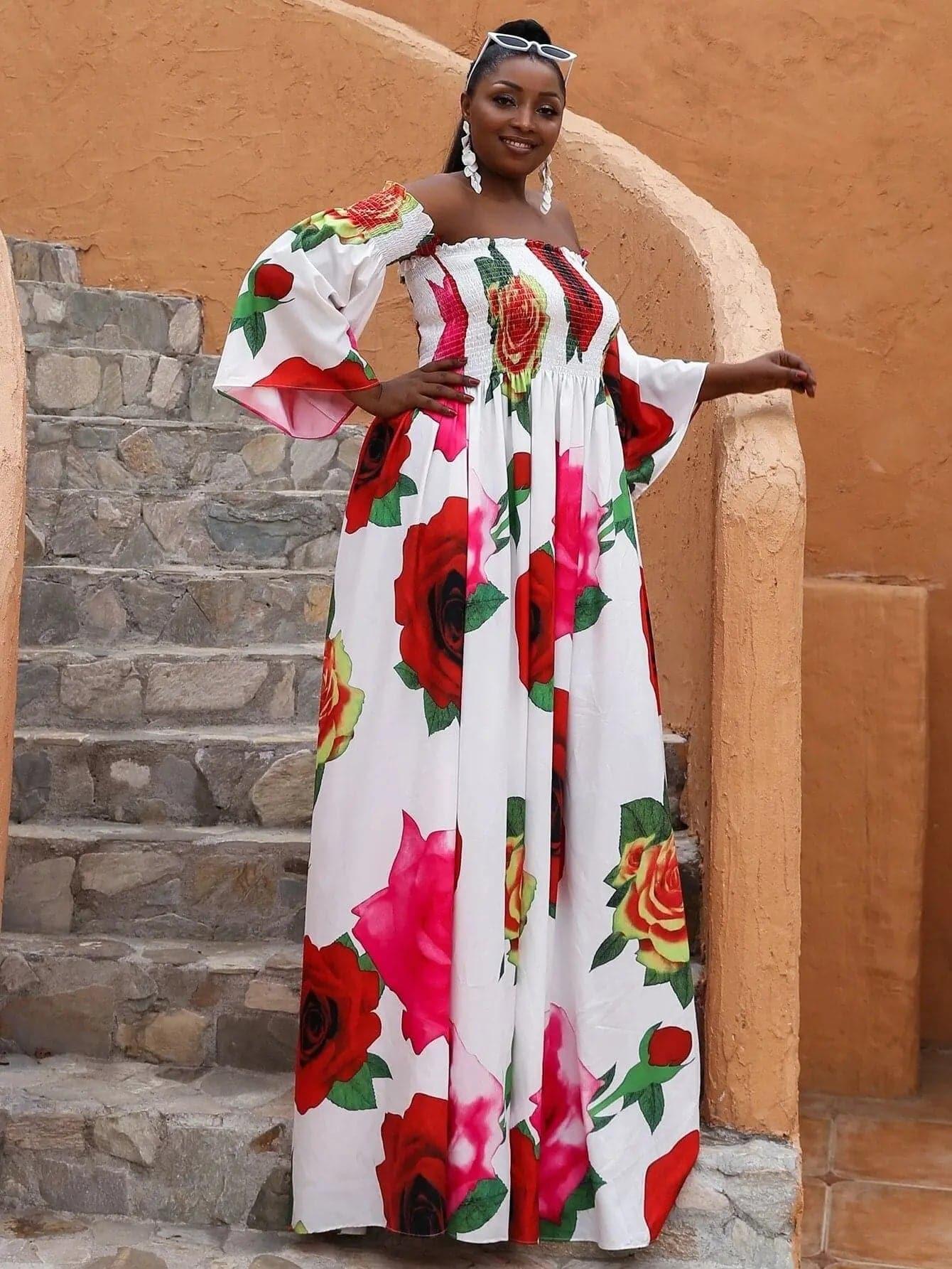 Missord Plus Floral Print Shirred Bardot Dress P0121 Missord Plus Floral Print Shirred Bardot Dress P0121