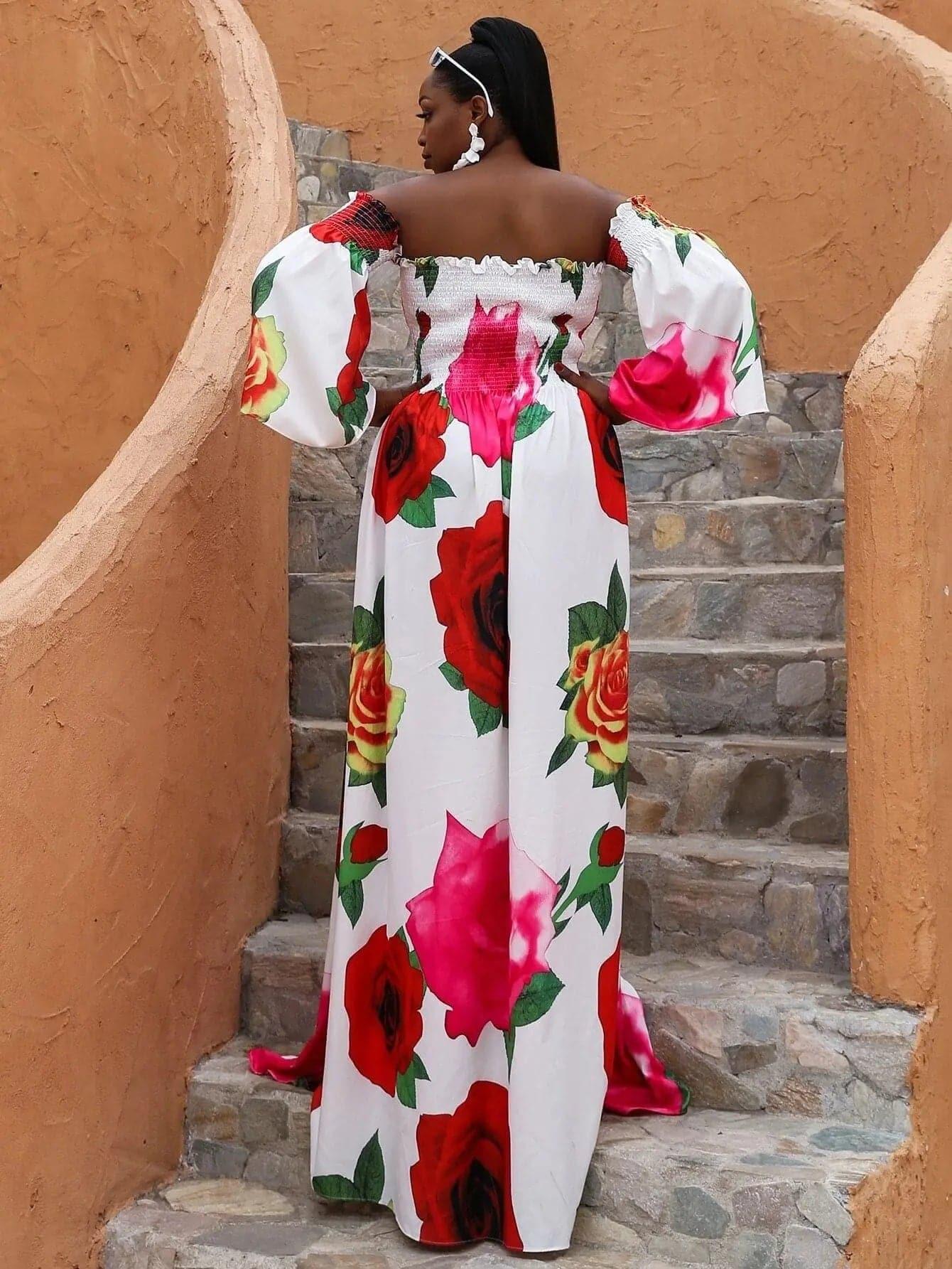 Missord Plus Floral Print Shirred Bardot Dress P0121 Missord Plus Floral Print Shirred Bardot Dress P0121
