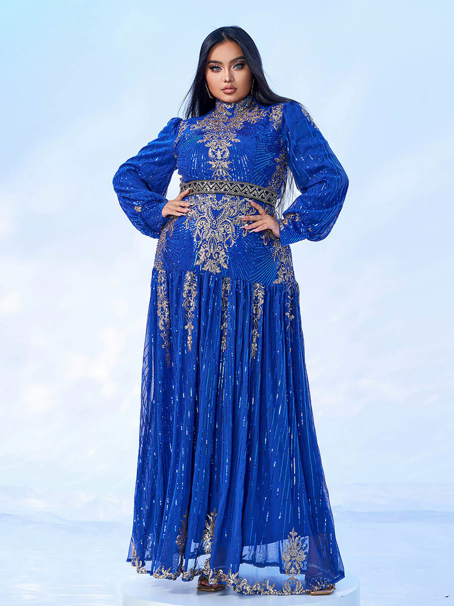Plus Stand Collar Sequin A-line Dress PMES00341 Plus Stand Collar Sequin A-line Dress PMES00341