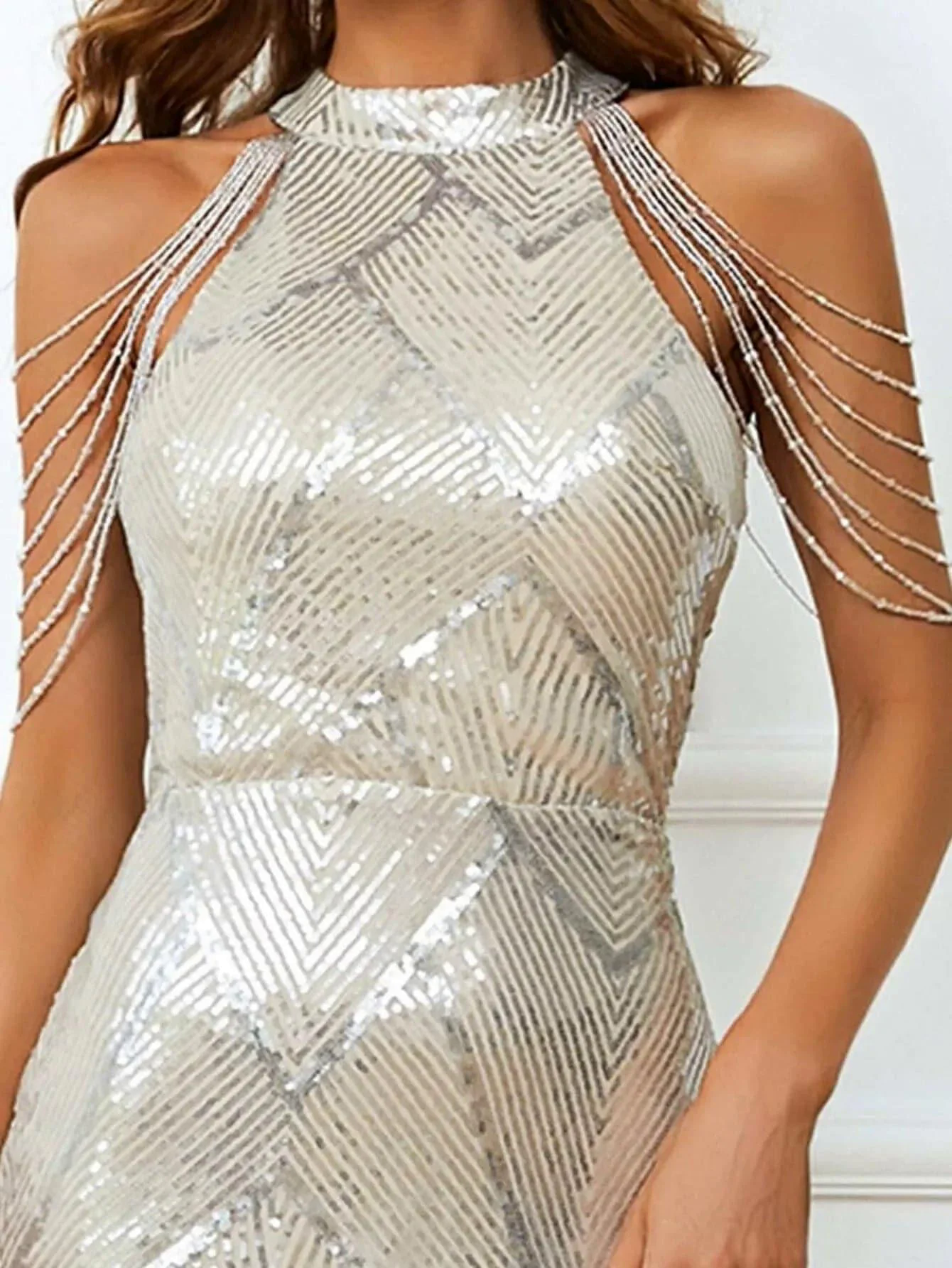Cold Shoulder Beads Chain Cocktail Dress M01081 Cold Shoulder Beads Chain Cocktail Dress M01081