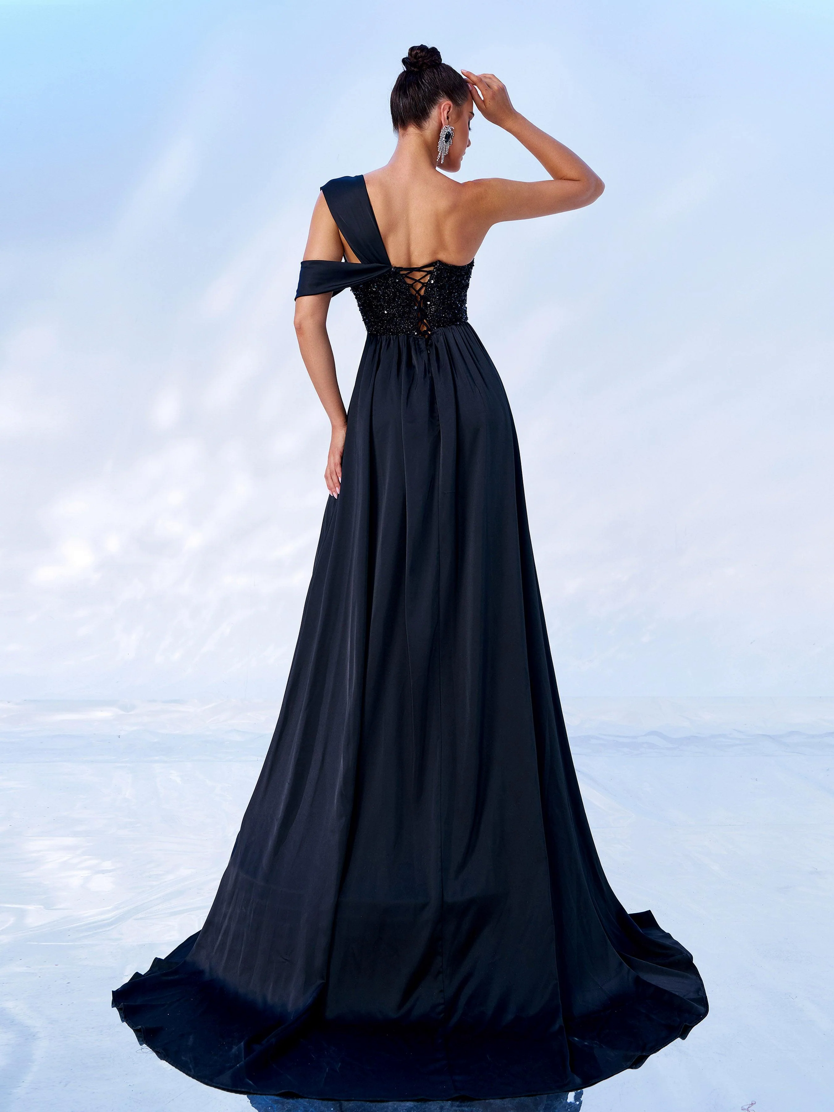Black One Shoulder Corset Backless Evening dress RJ2004 Black One Shoulder Corset Backless Evening dress RJ2004
