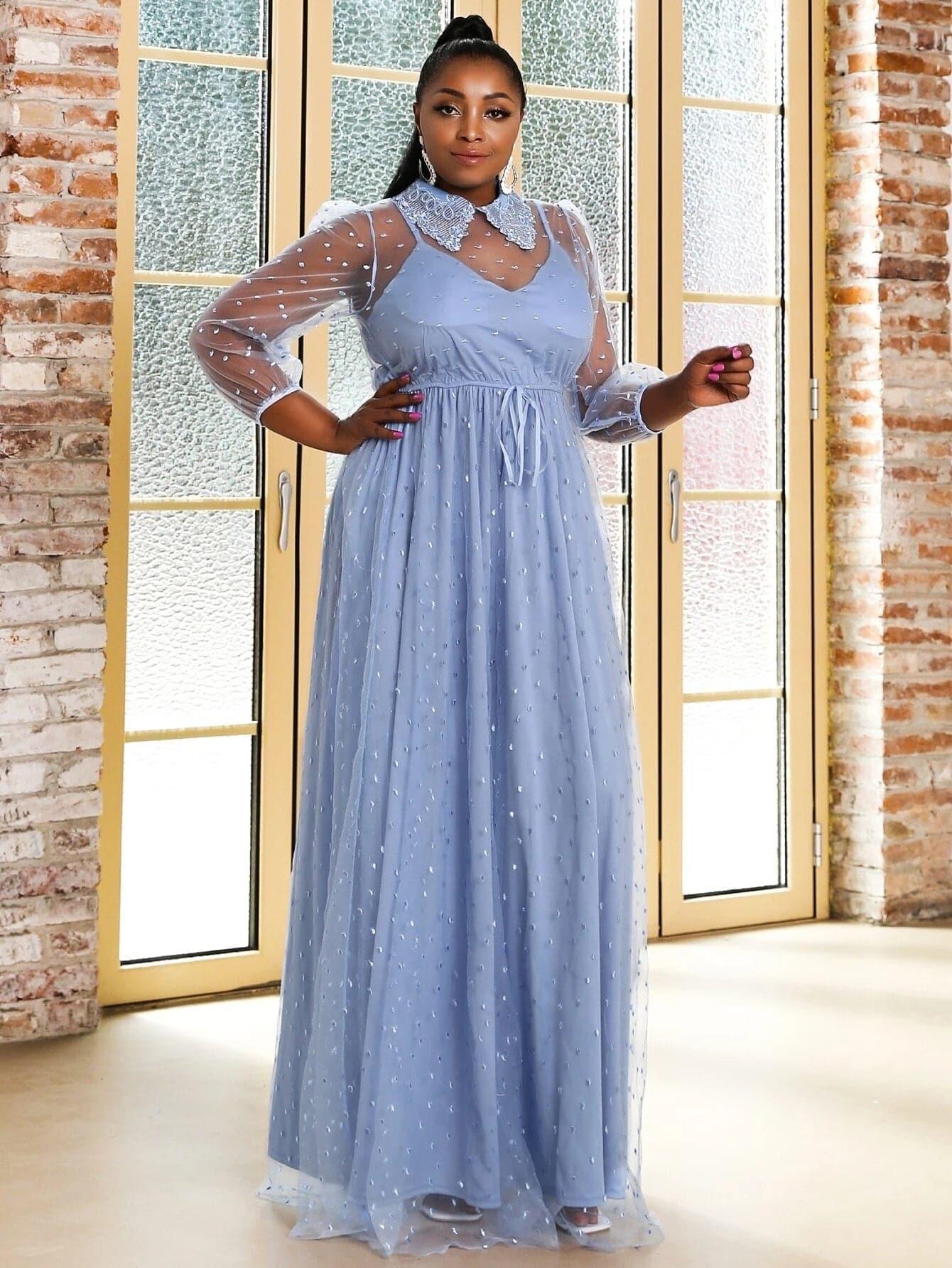 MISSORD Plus Knot Front Maxi Embroidery Mesh Prom Dress P0154 MISSORD Plus Knot Front Maxi Embroidery Mesh Prom Dress P0154