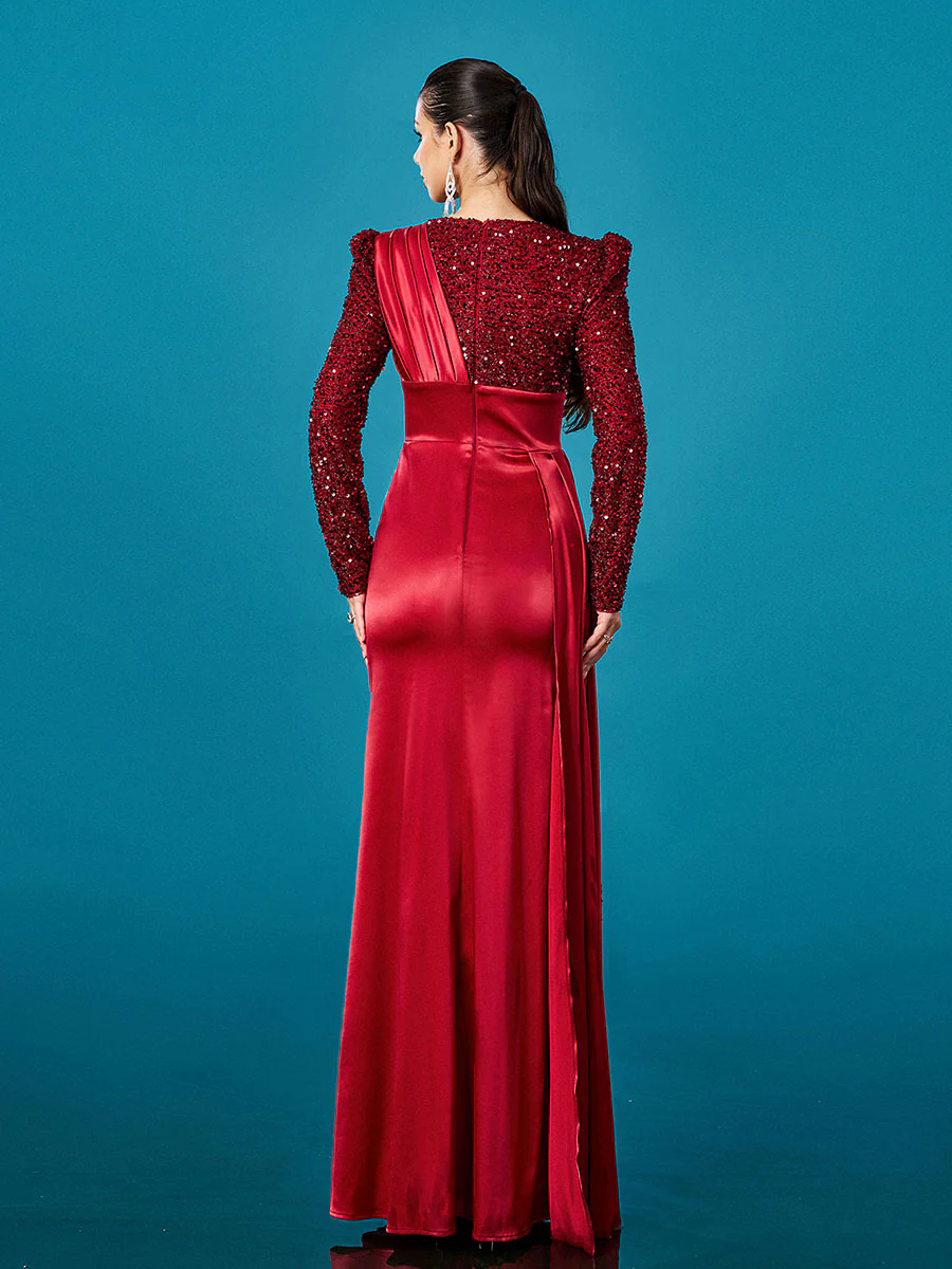 Red Panel Split Ruched Long Sleeve Prom Dress DH80422 Red Panel Split Ruched Long Sleeve Prom Dress DH80422