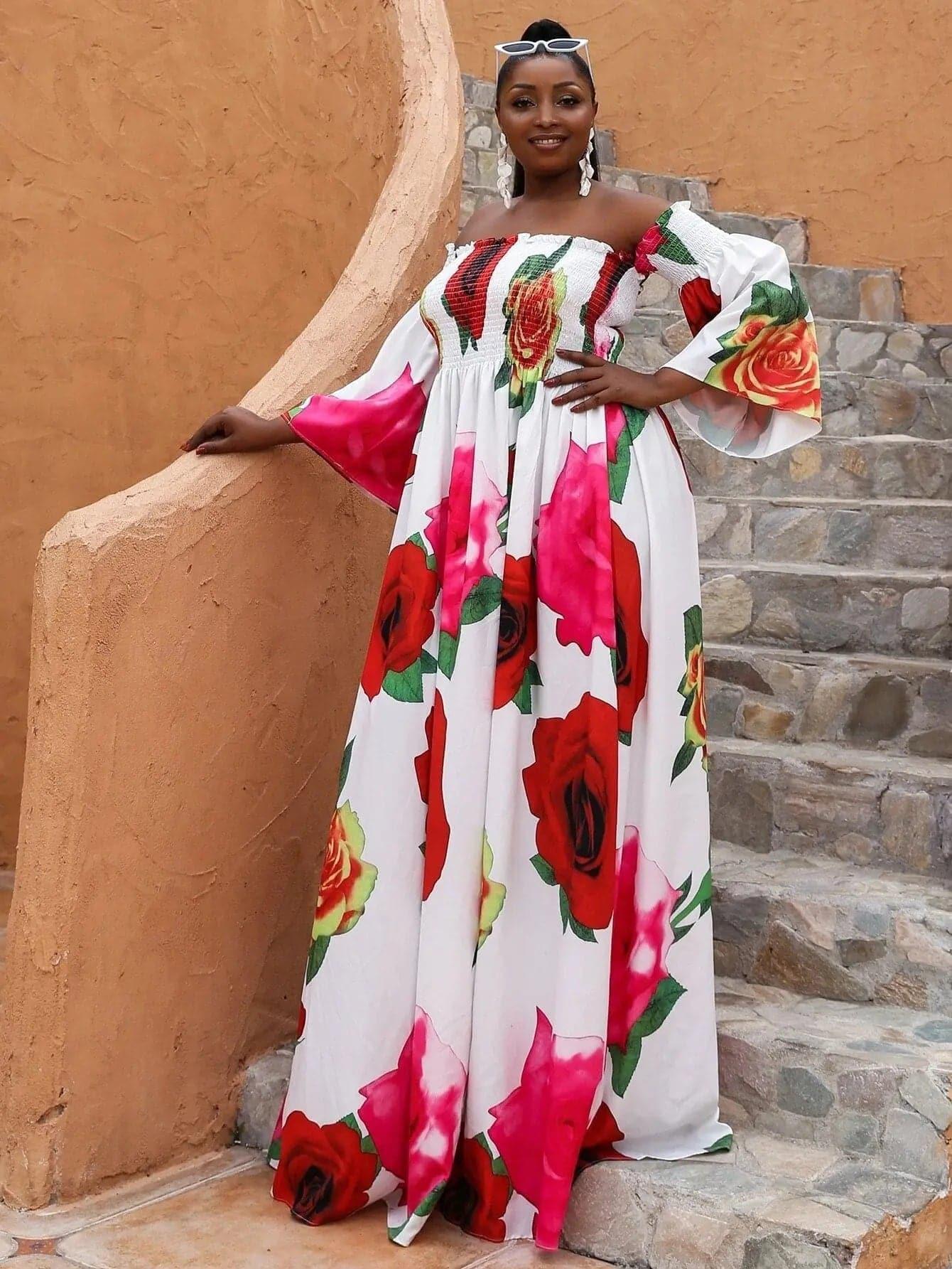 Missord Plus Floral Print Shirred Bardot Dress P0121 Missord Plus Floral Print Shirred Bardot Dress P0121