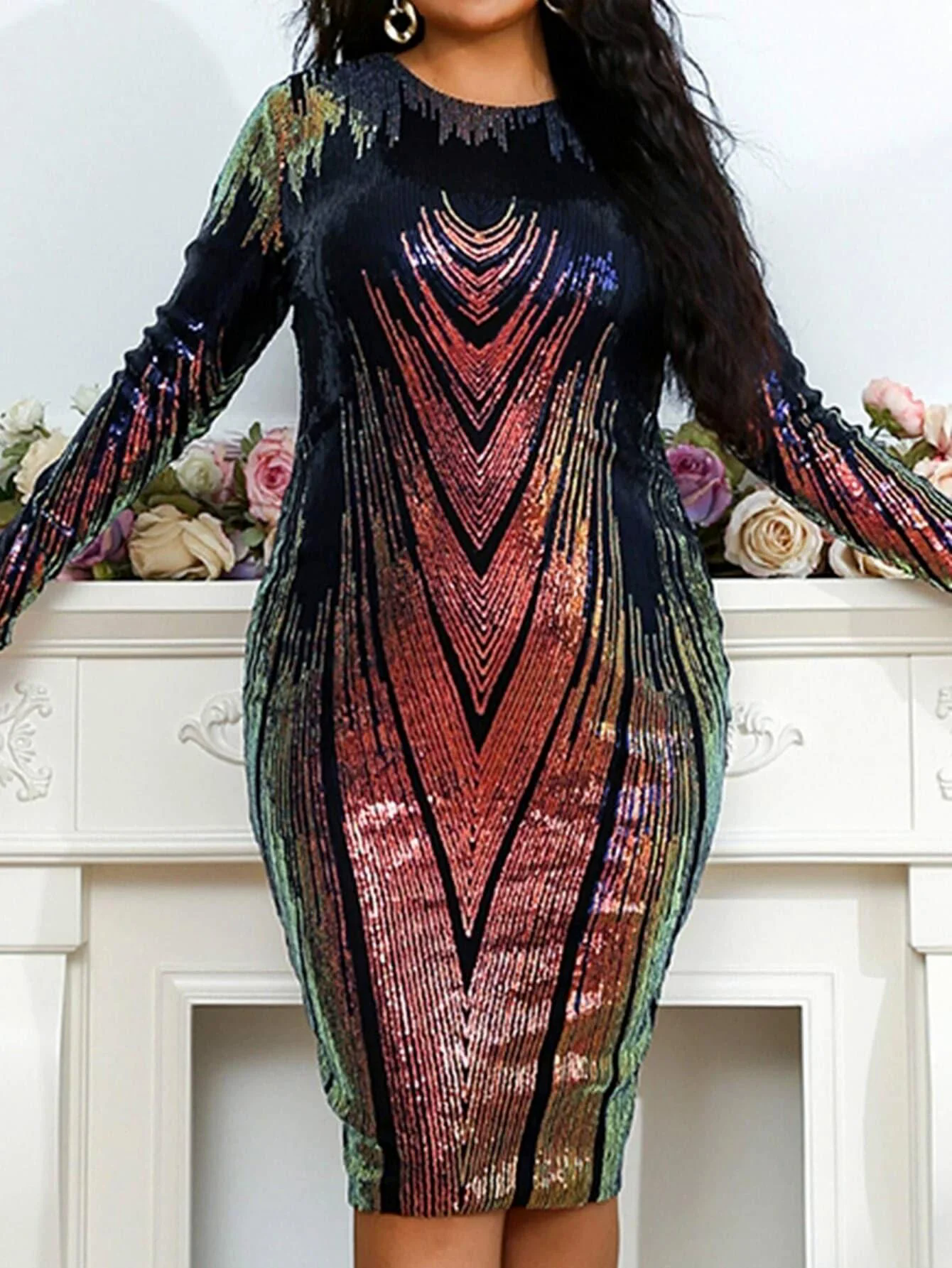 Plus Size Ombre Sequin Midi Bodycon Multicolor Prom Dress P0216 Plus Size Ombre Sequin Midi Bodycon Multicolor Prom Dress P0216