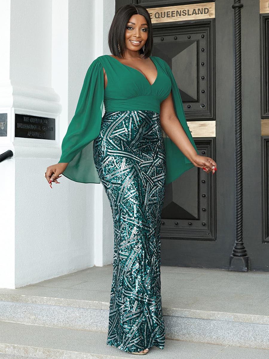 Plus V Neck Sequin Panel Mesh Gown Dress PXH2285 Plus V Neck Sequin Panel Mesh Gown Dress PXH2285