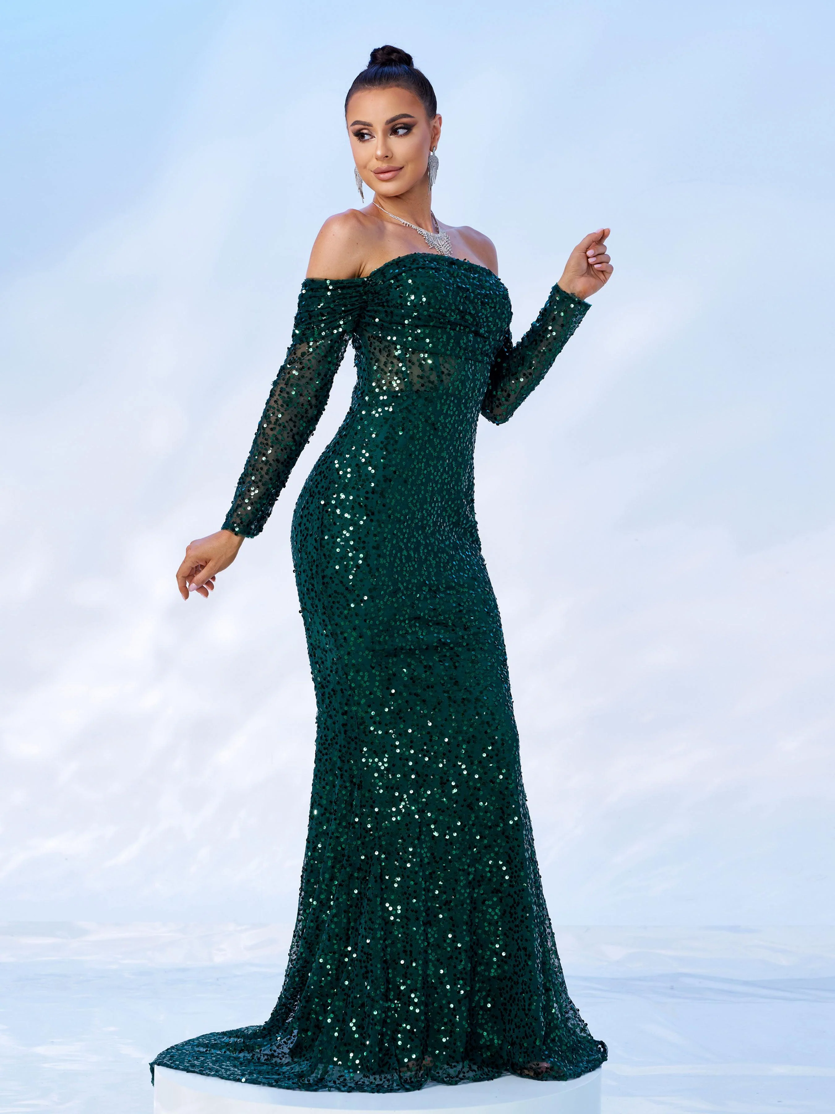 Green Off Shoulder Sequin Mermaid Evening Dress MES00643 Green Off Shoulder Sequin Mermaid Evening Dress MES00643