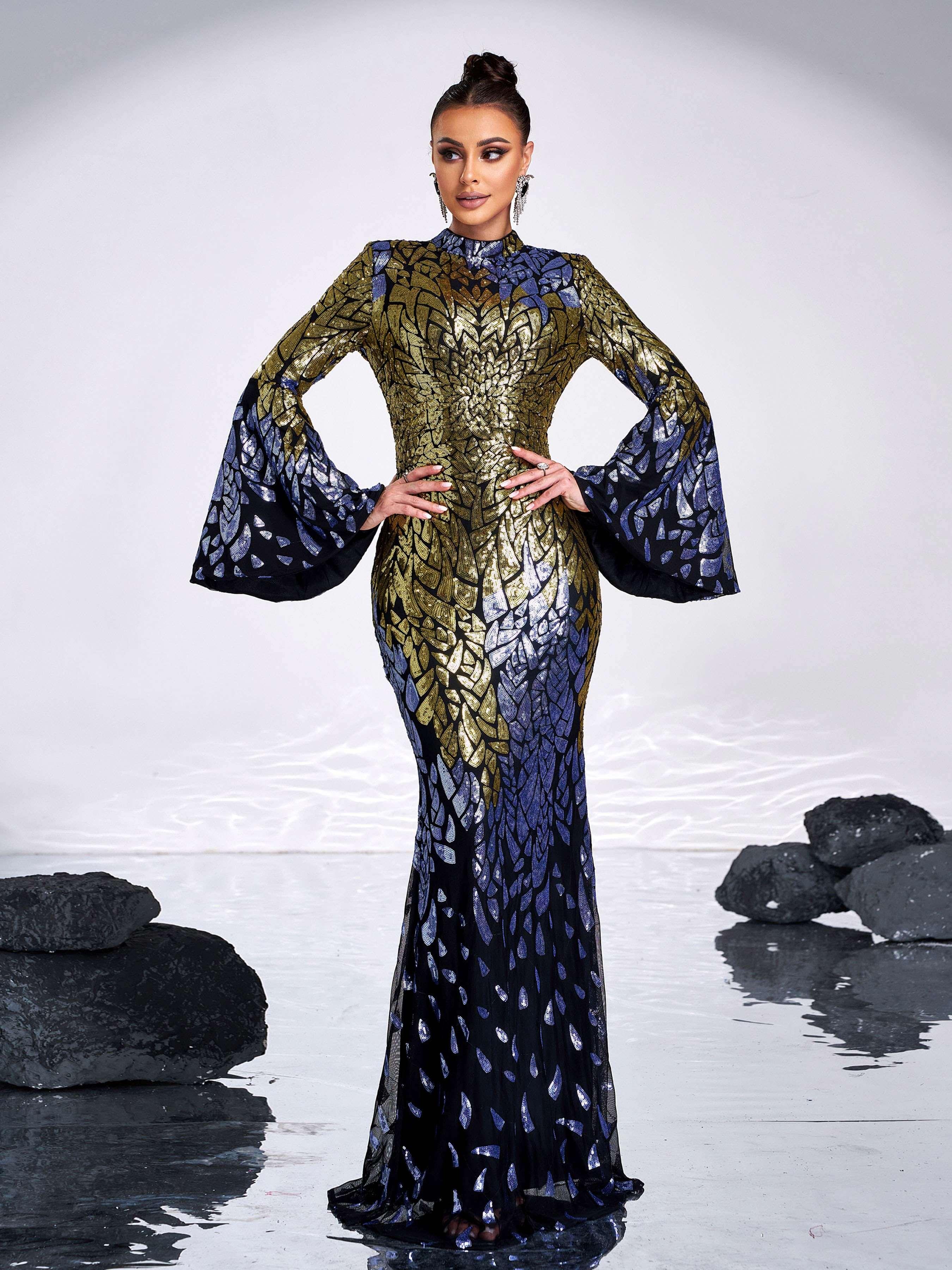 Backless Bell Sleeve Sequin Formal Dress XH2425 Backless Bell Sleeve Sequin Formal Dress XH2425