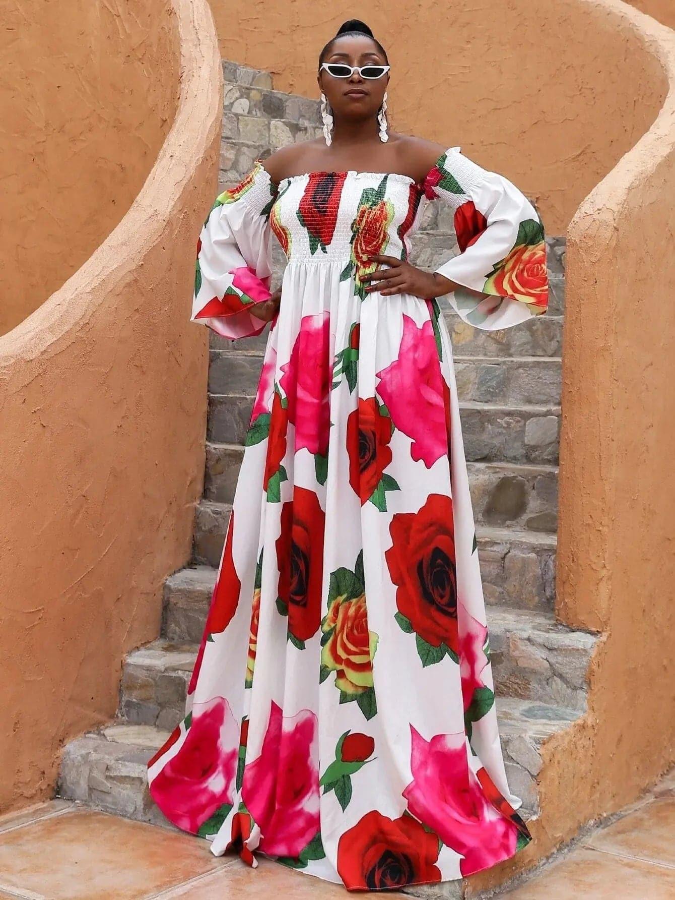 Missord Plus Floral Print Shirred Bardot Dress P0121 Missord Plus Floral Print Shirred Bardot Dress P0121