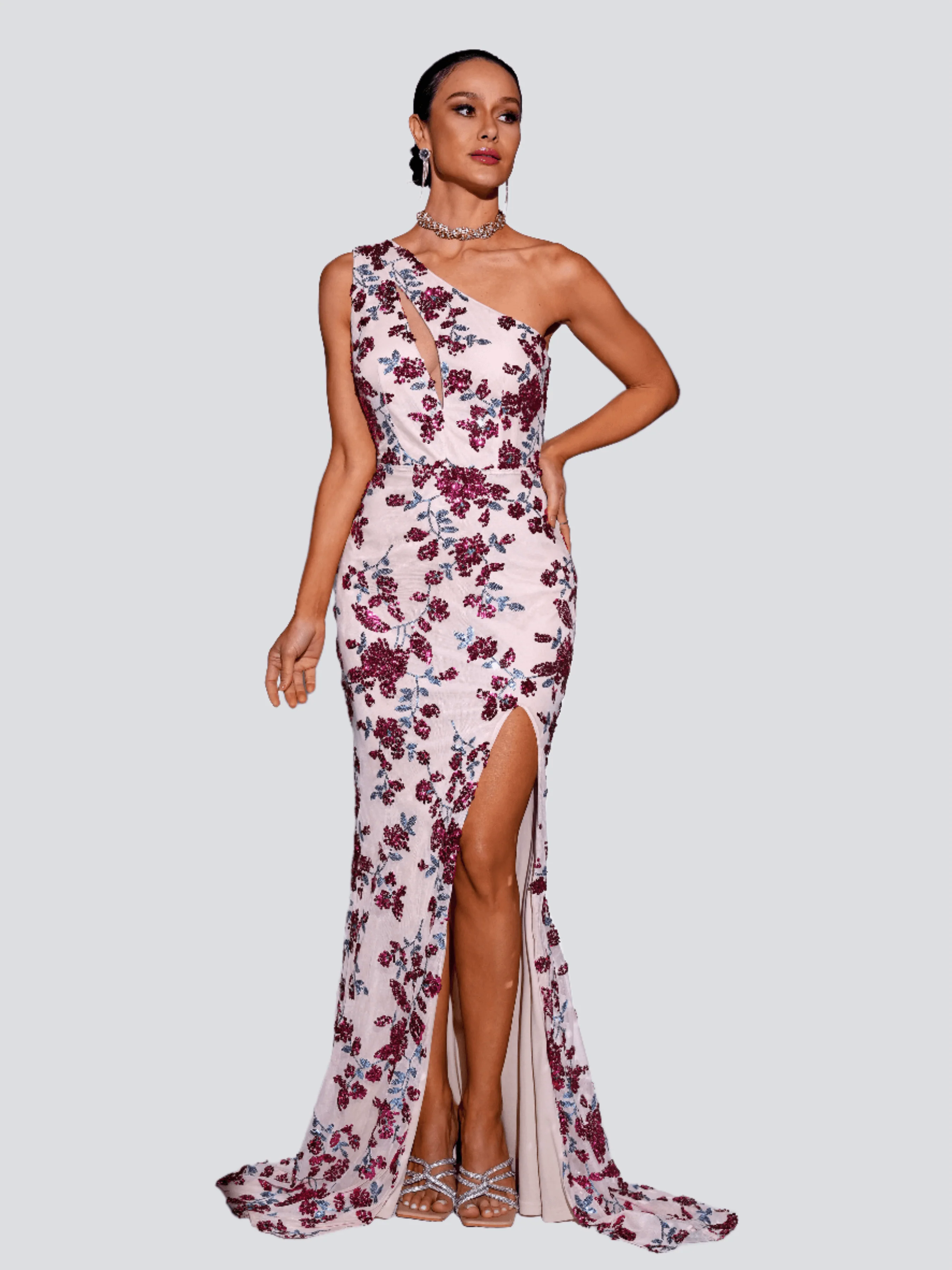 Cutout One Shoulder Split Sequin Dress RM21510 Cutout One Shoulder Split Sequin Dress RM21510