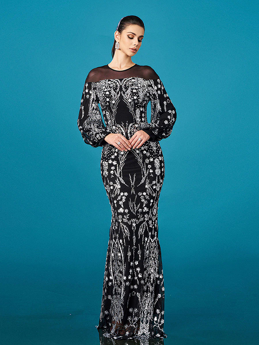 Ballon Sleeve Floral Sequin Mermaid Formal Dress GM00647 Ballon Sleeve Floral Sequin Mermaid Formal Dress GM00647